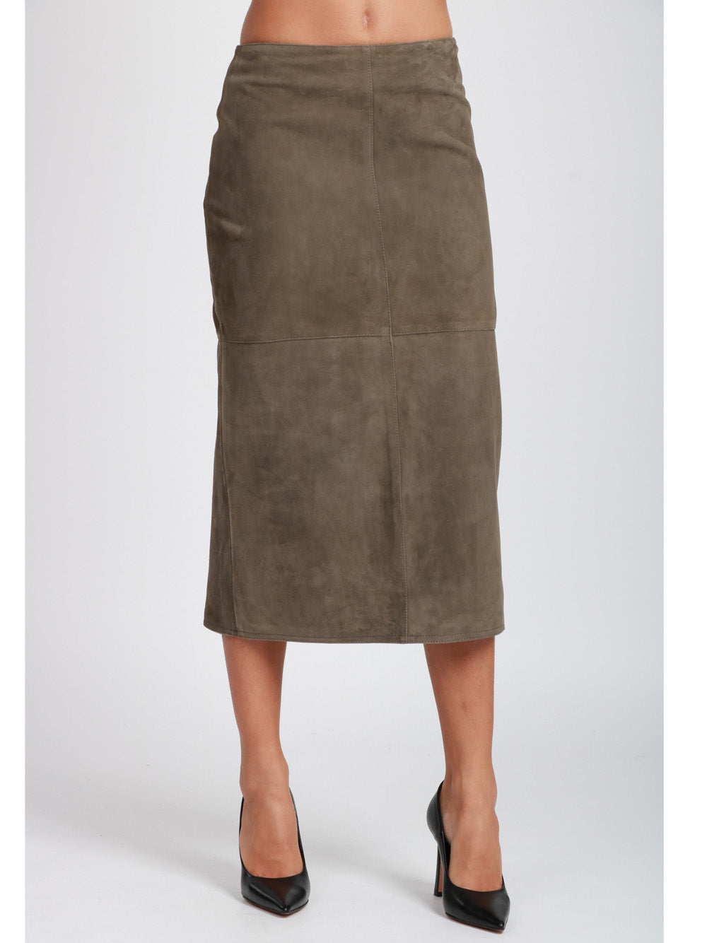 WEEKEND MAX MARA Gonna Tubino Pala in Pelle Scamosciata Verde Militare Verde