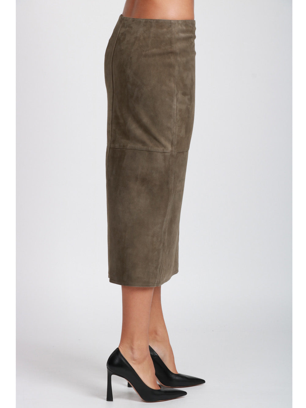 WEEKEND MAX MARA Gonna Tubino Pala in Pelle Scamosciata Verde Militare Verde