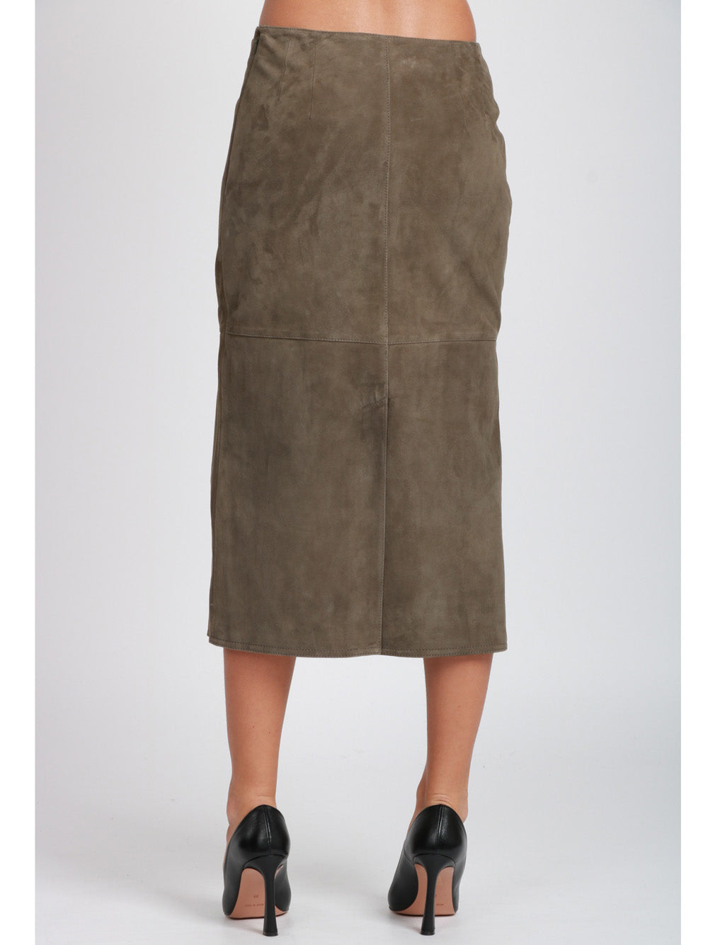 WEEKEND MAX MARA Gonna Tubino Pala in Pelle Scamosciata Verde Militare Verde