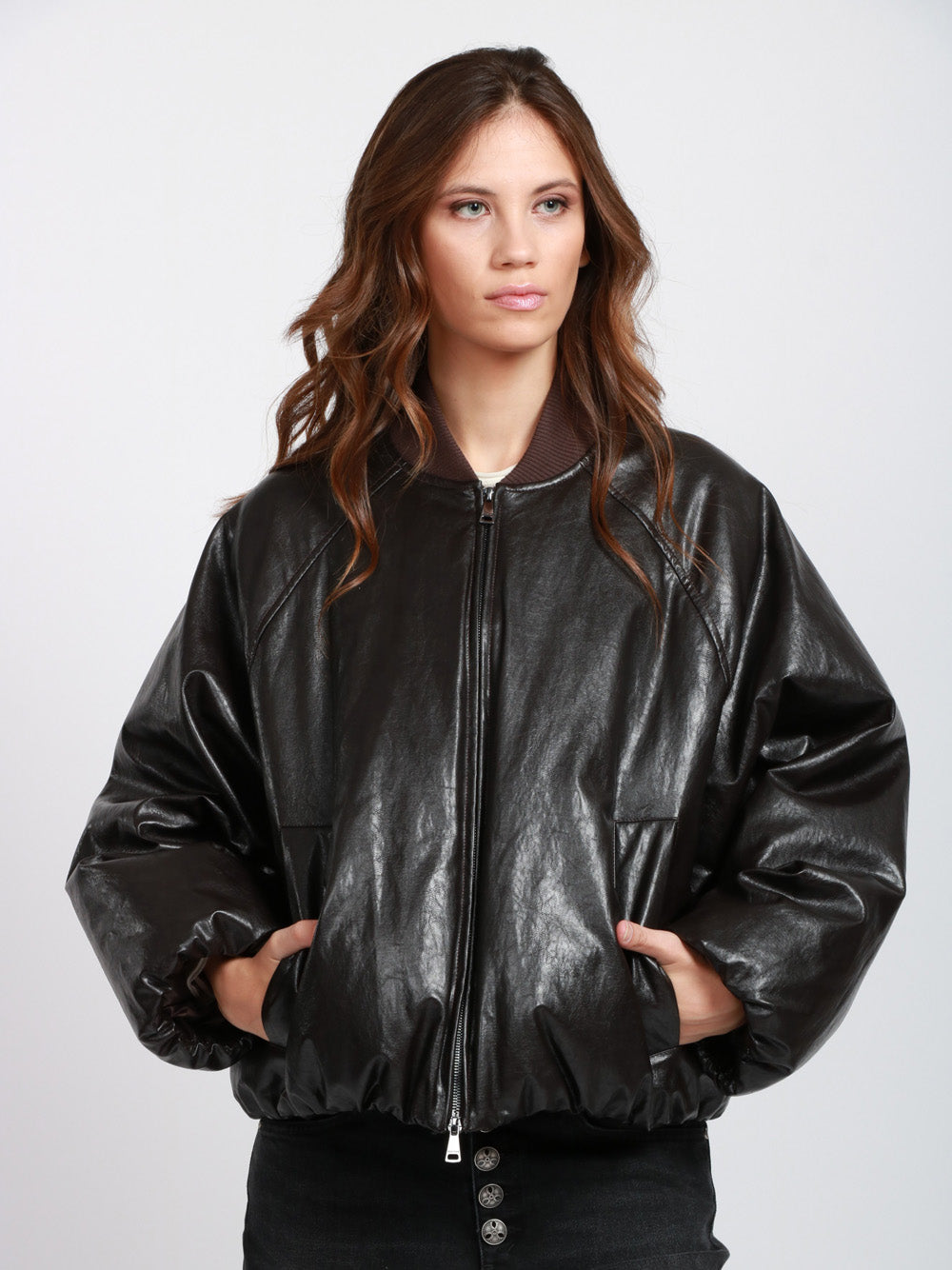 WEEKEND MAX MARA Bomber Potente Imbottito Marrone con Spalmatura Testa di moro