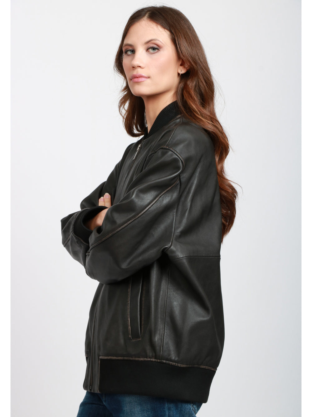 WEEKEND MAX MARA Bomber Tattico in Pelle Nero TATTICO