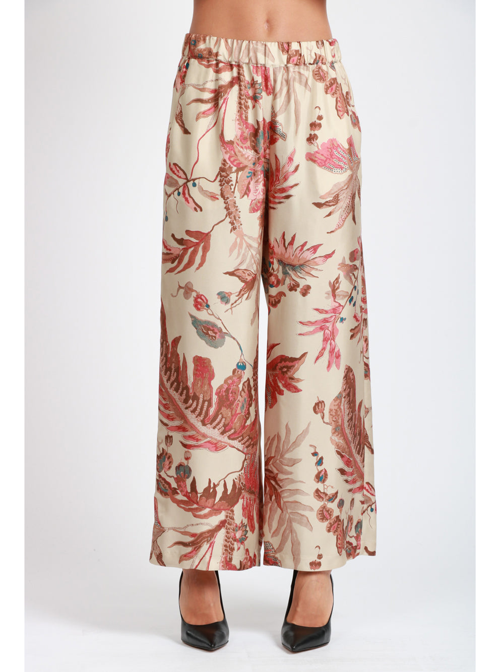 WEEKEND MAX MARA Pantaloni Temide in Seta Stampata Avorio Beige/rosso