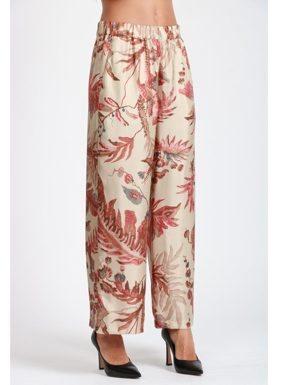 WEEKEND MAX MARA Pantaloni Temide in Seta Stampata Avorio Beige/rosso