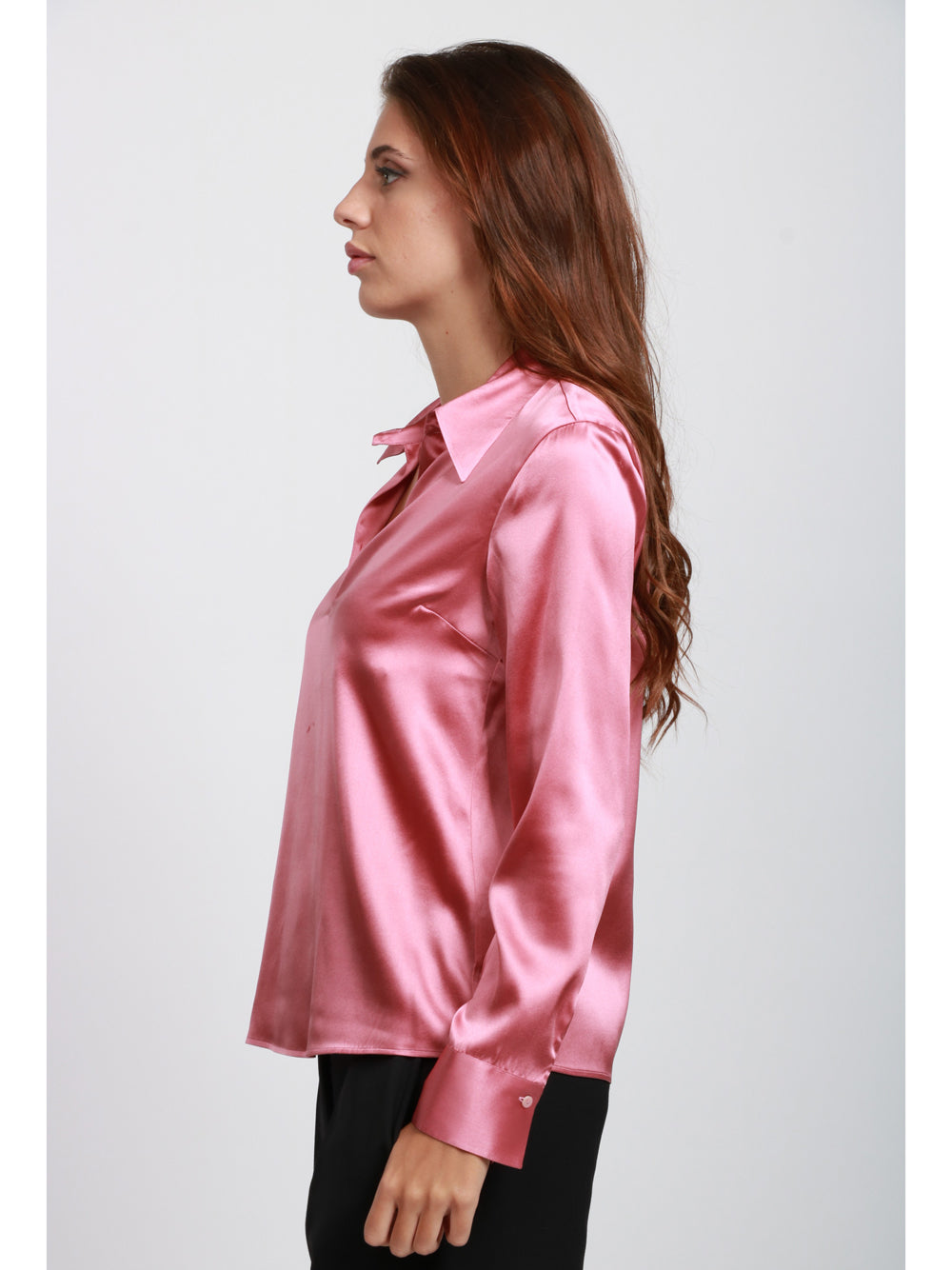 XACUS Blusa in Seta Rosa con Scollo a Goccia Rosa