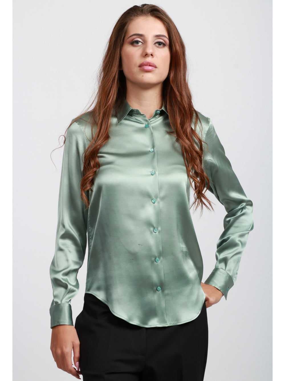 XACUS Camicia Classica in Seta Elasticizzata Verdeacqua Tiffany