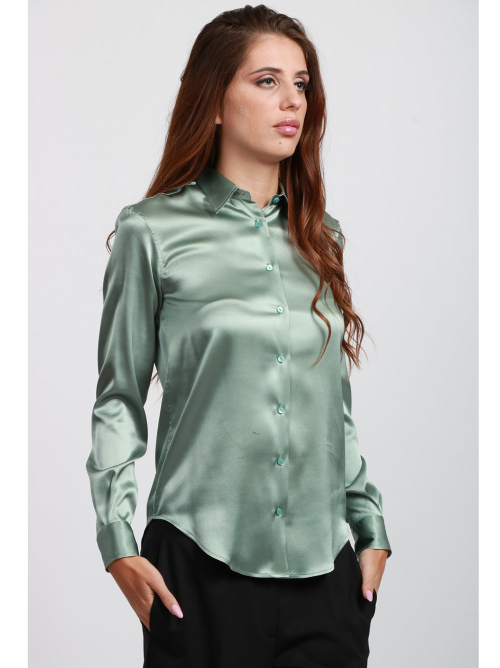 XACUS Camicia Classica in Seta Elasticizzata Verdeacqua Tiffany