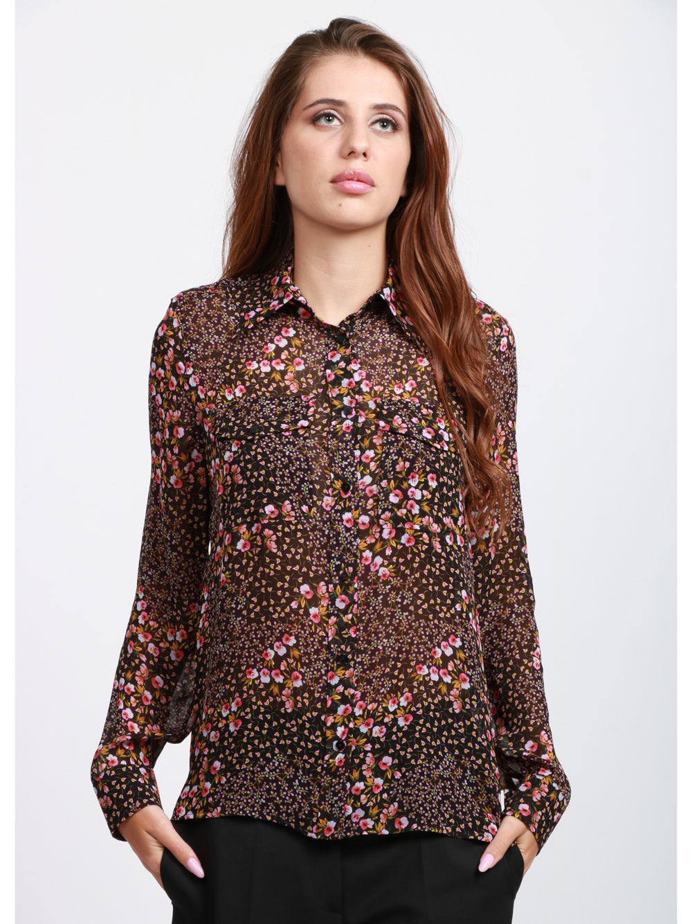 XACUS Camicia Isabella in Voile Nera con Stampa Floreale Nero+color