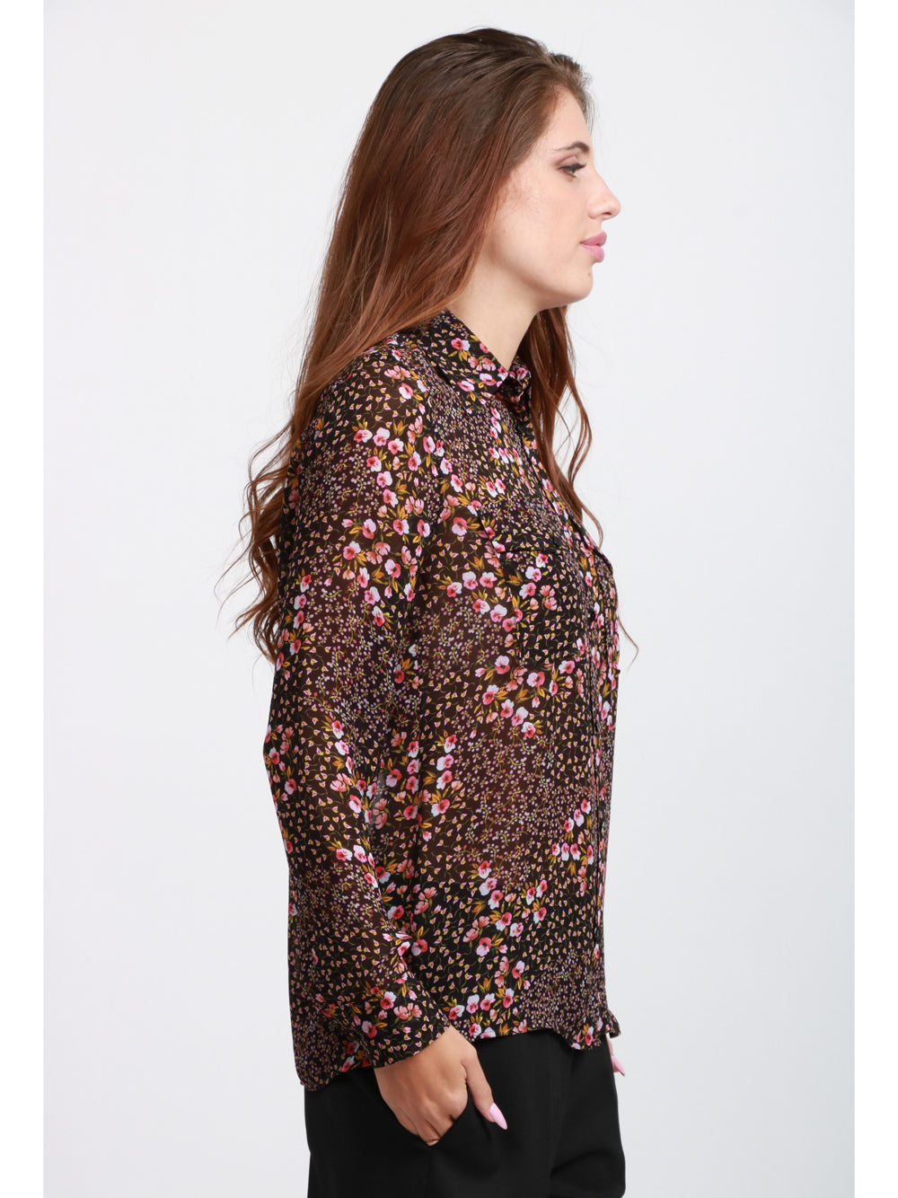 XACUS Camicia Isabella in Voile Nera con Stampa Floreale Nero+color