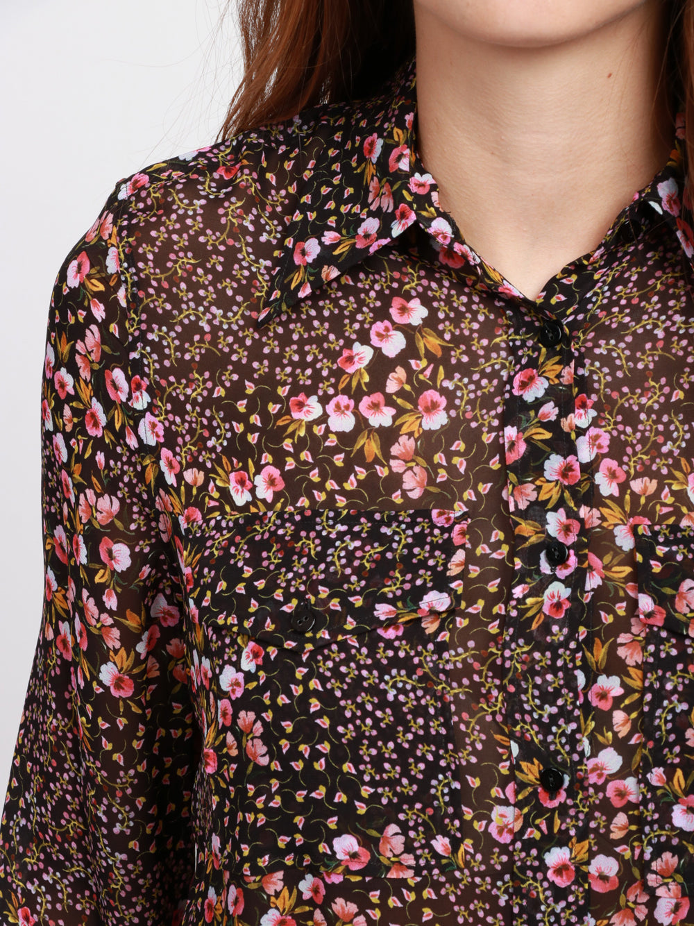 XACUS Camicia Isabella in Voile Nera con Stampa Floreale Nero+color