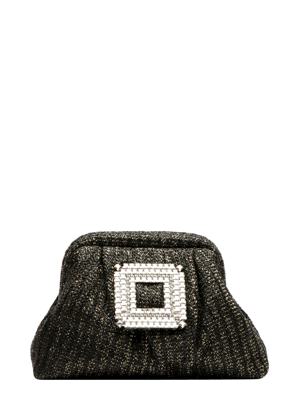 Borsa Pochette Bob in Rafia Nera con Fibbia Lurex e Tracolla