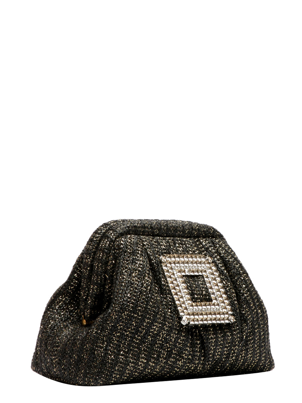 Borsa Pochette Bob in Rafia Nera con Fibbia Lurex e Tracolla