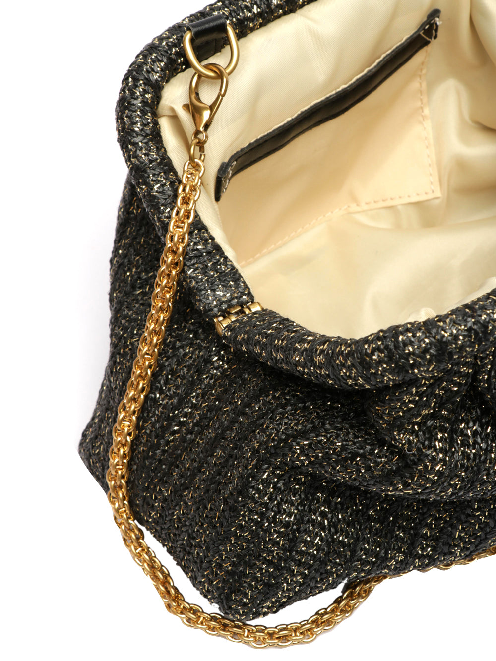 Borsa Pochette Bob in Rafia Nera con Fibbia Lurex e Tracolla
