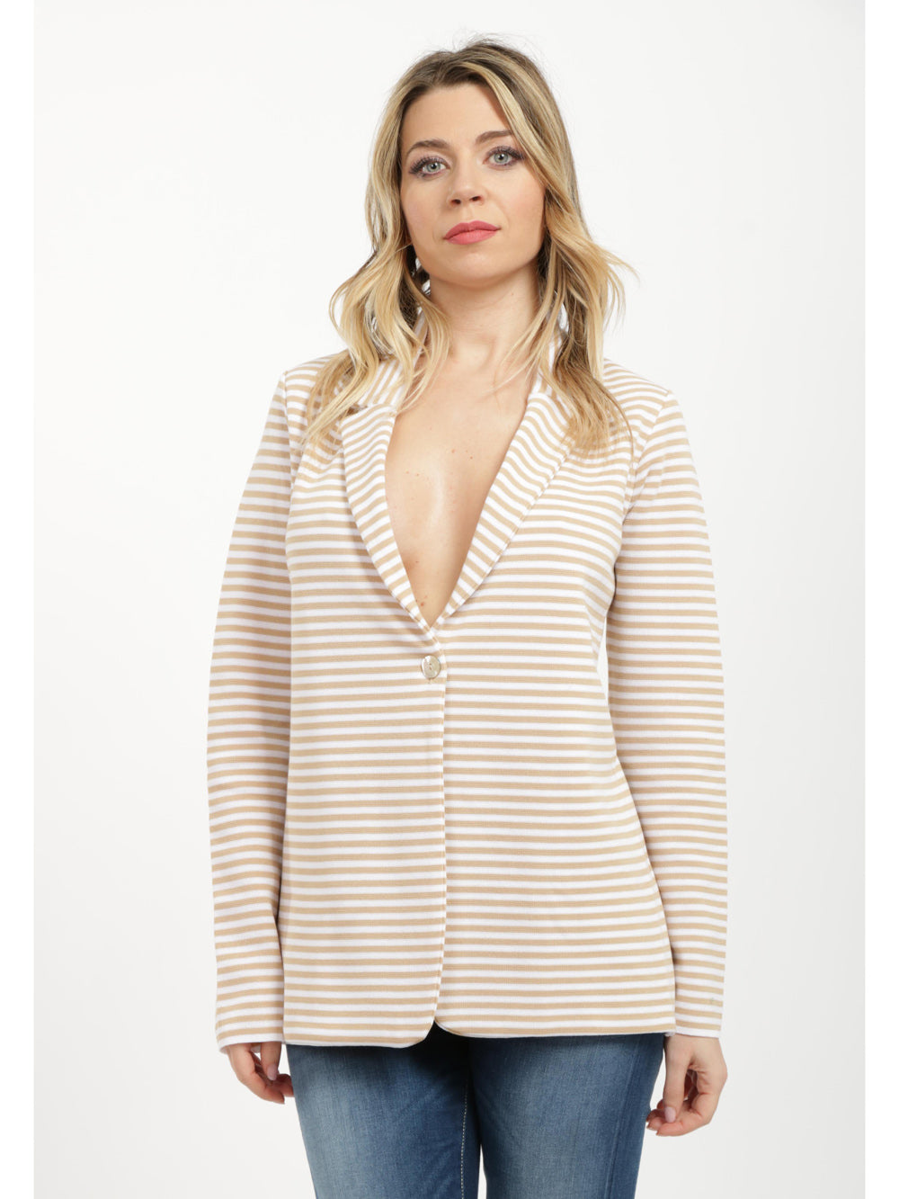 Giacca Monopetto Ilana in Cotone a Righe Bianca e Beige