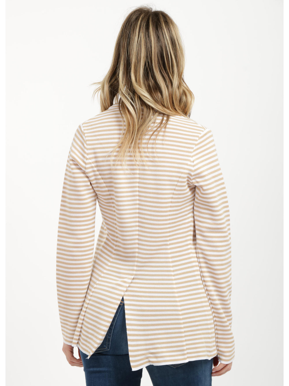 Giacca Monopetto Ilana in Cotone a Righe Bianca e Beige