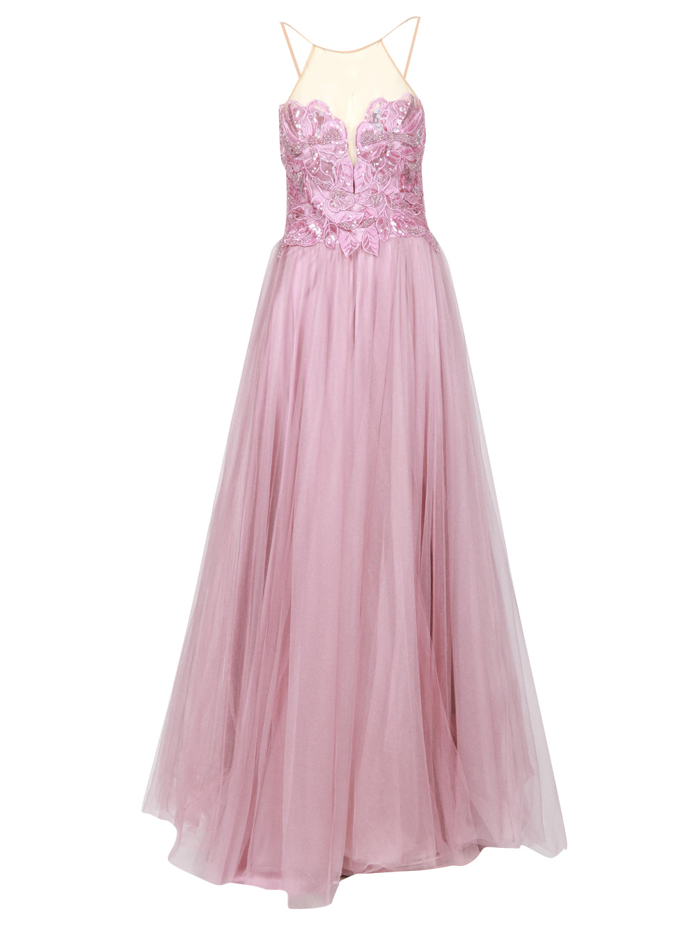 Abito Lungo in Tulle Lilla con Ricami e Perline