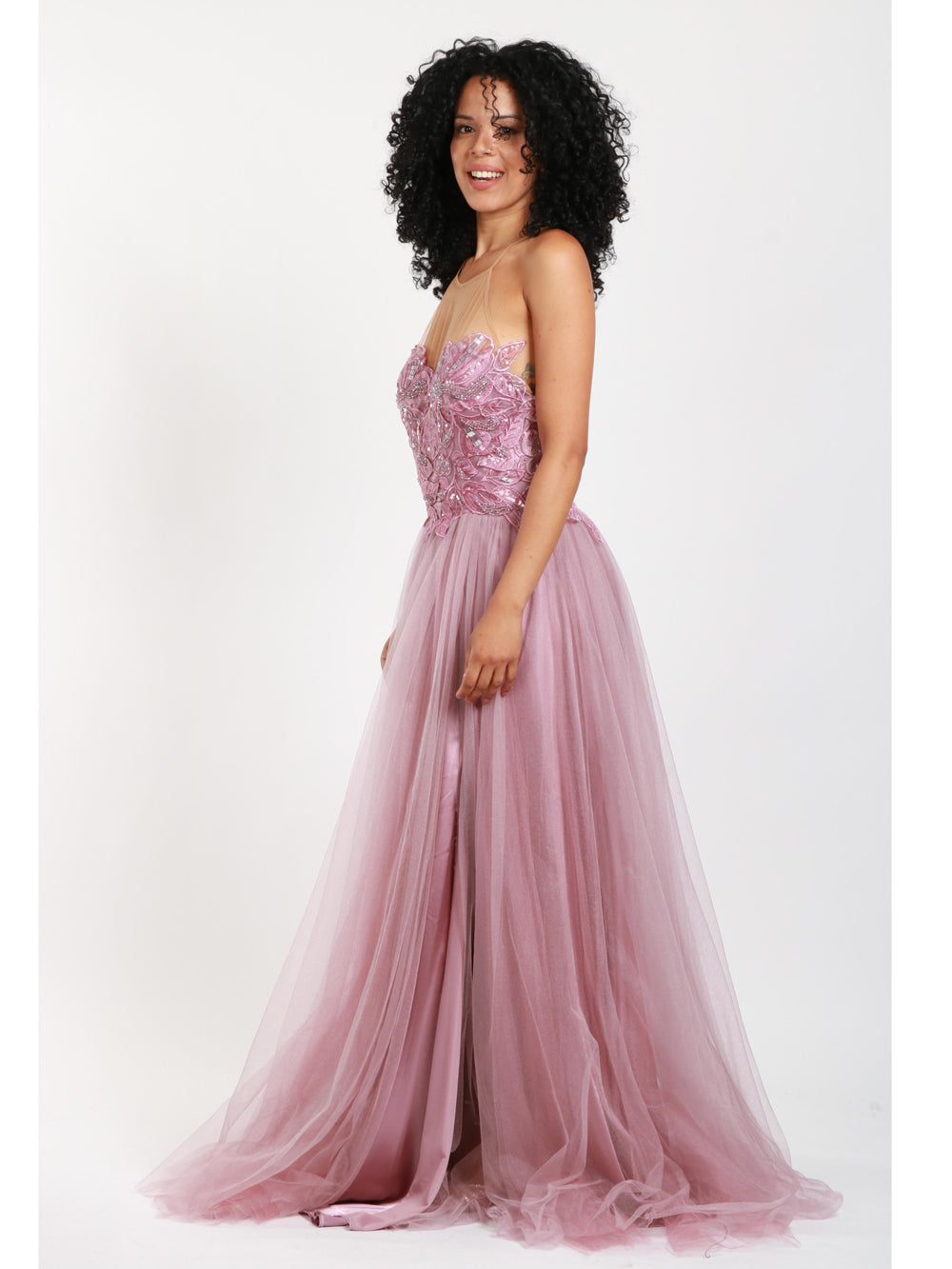 Abito Lungo in Tulle Lilla con Ricami e Perline