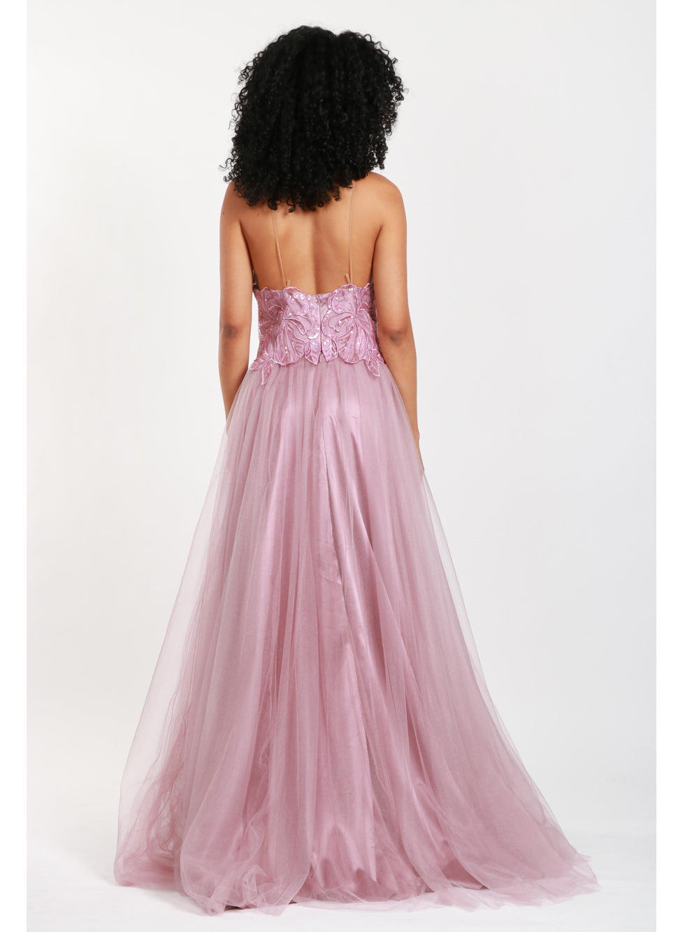 Abito Lungo in Tulle Lilla con Ricami e Perline
