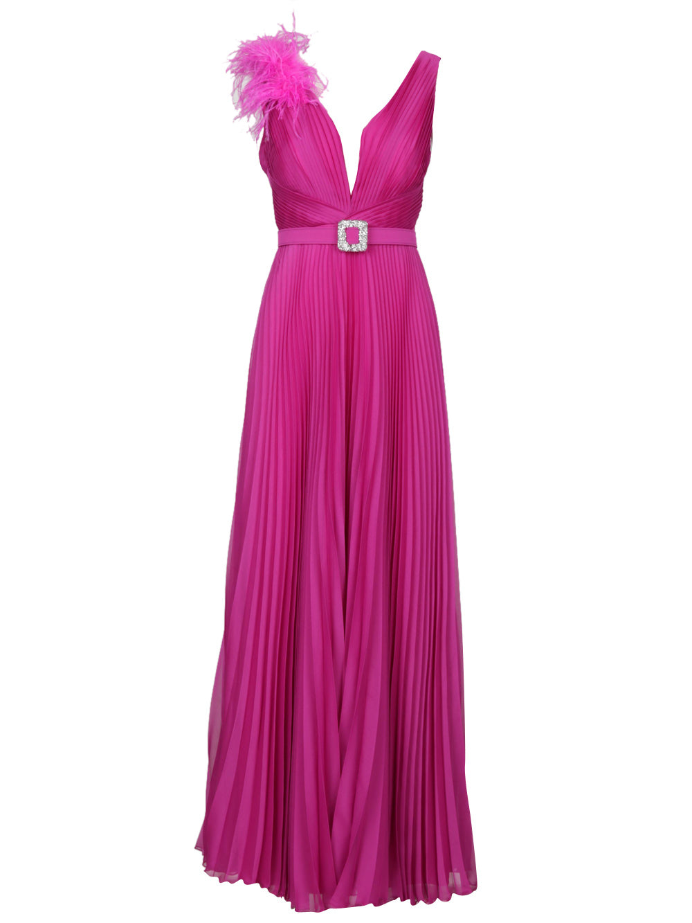 Abito Delilah Lungo Plissé Fucsia con Piume e Cintura