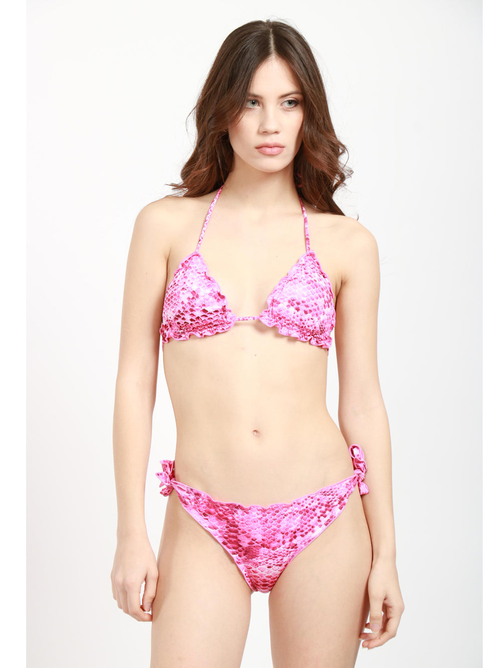 Costume Bikini Mary Triangolo Pitonato Fucsia con Ruches