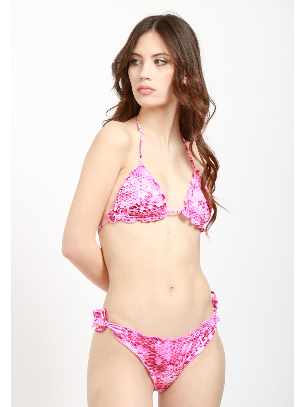 Costume Bikini Mary Triangolo Pitonato Fucsia con Ruches