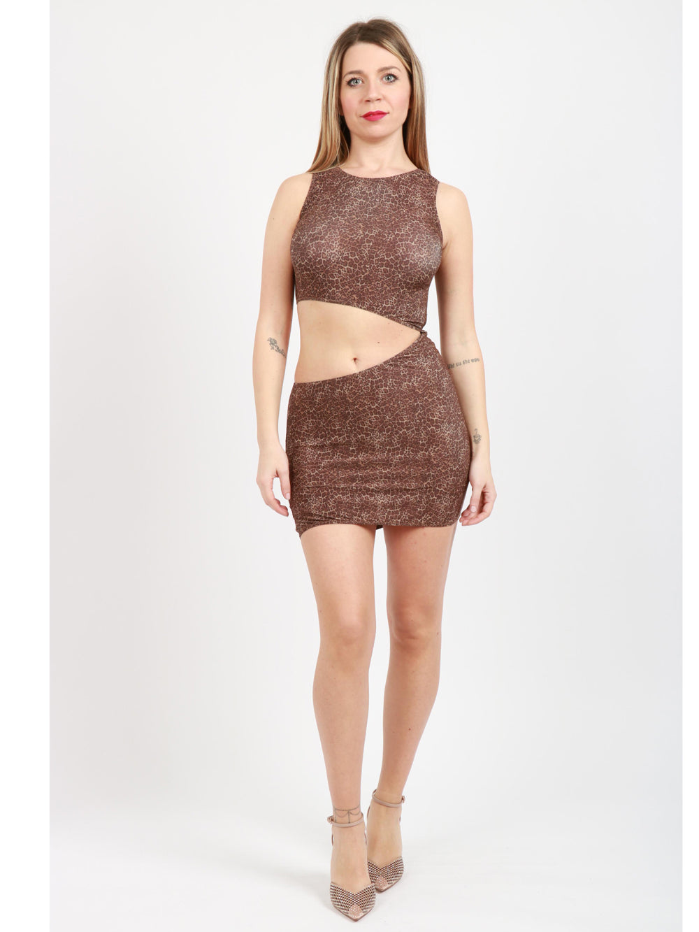 BG LOVE Vestito Mini Atena Animalier Marrone e Nero con Cut Out Leopardato