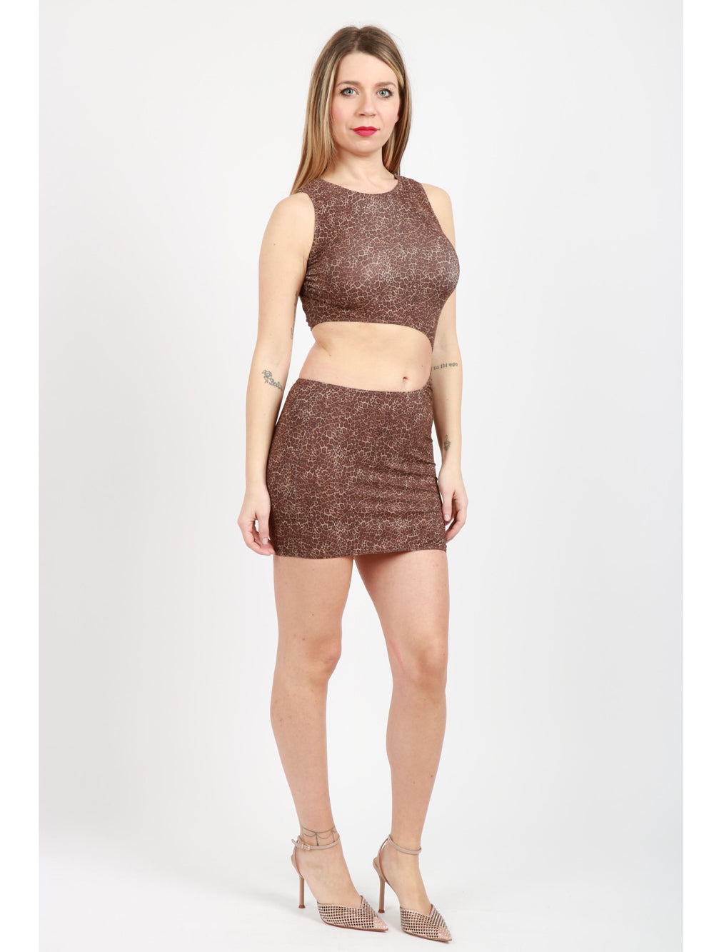 BG LOVE Vestito Mini Atena Animalier Marrone e Nero con Cut Out Leopardato