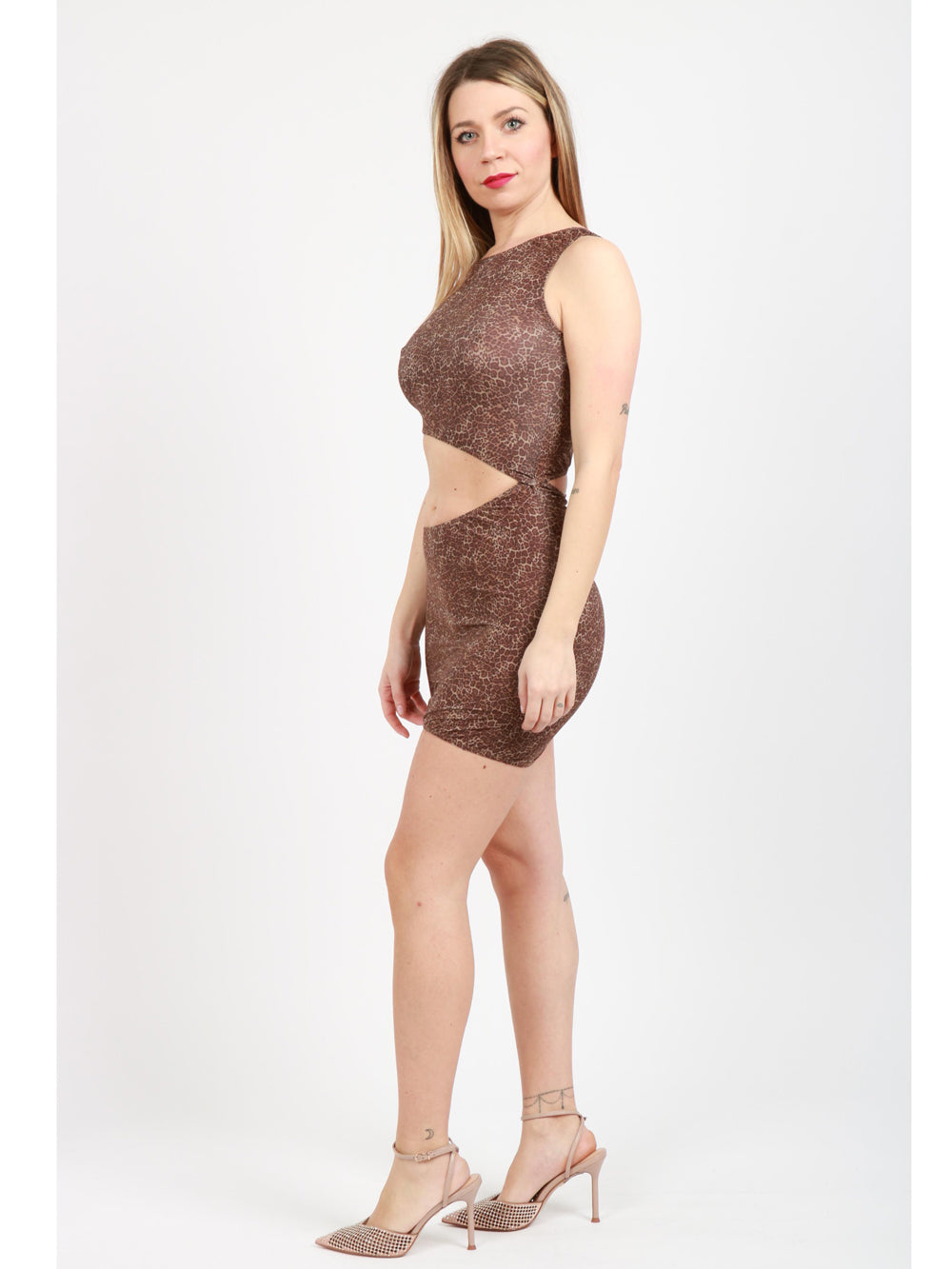 BG LOVE Vestito Mini Atena Animalier Marrone e Nero con Cut Out Leopardato