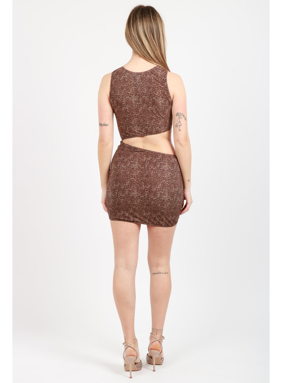 BG LOVE Vestito Mini Atena Animalier Marrone e Nero con Cut Out Leopardato