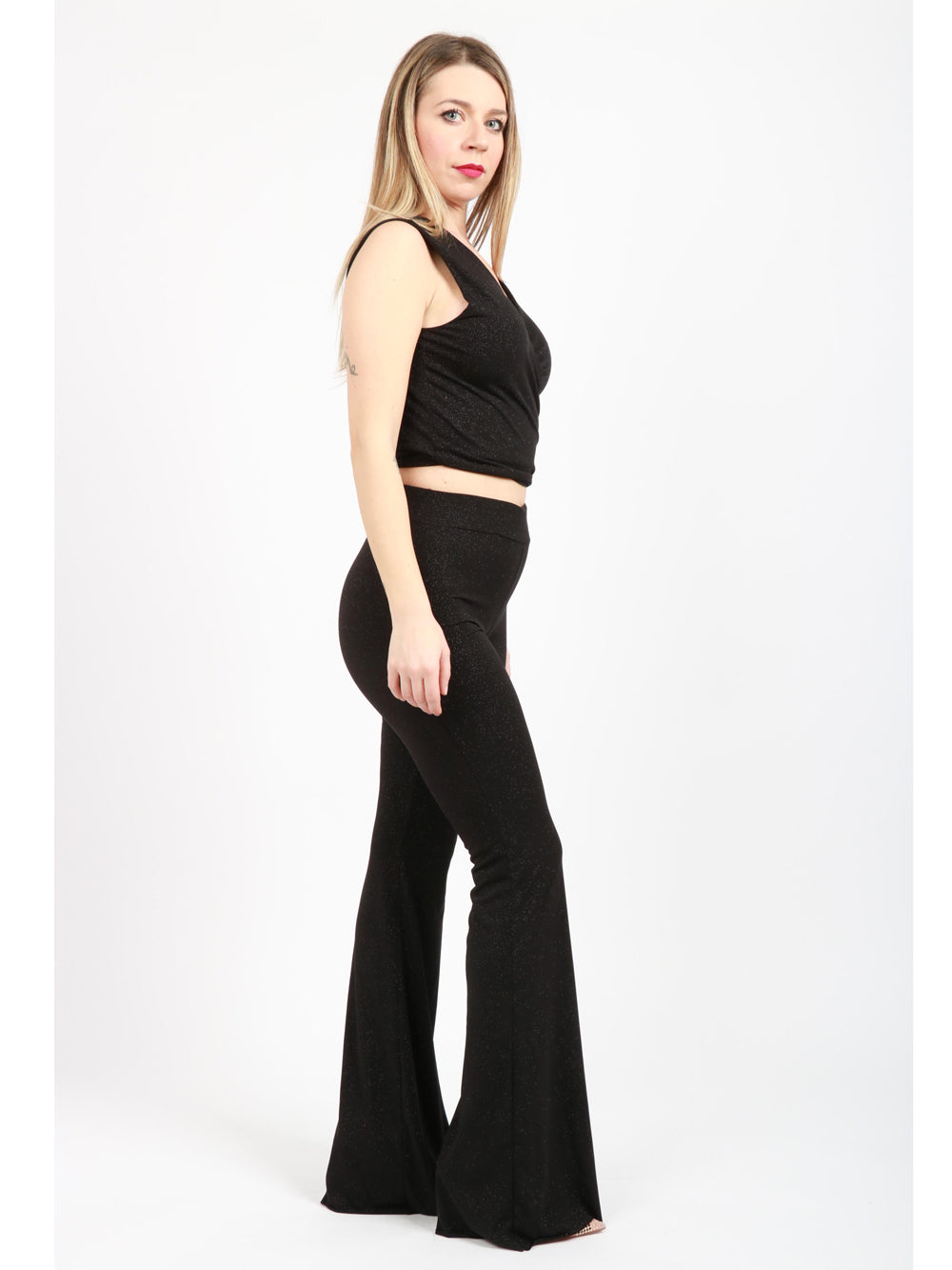 BG LOVE Pantaloni Frida a Zampa Neri con Glitter Nero