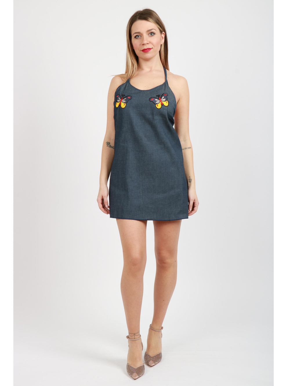 BG LOVE Vestito Corto Zenobia in Denim con Farfalle Denim