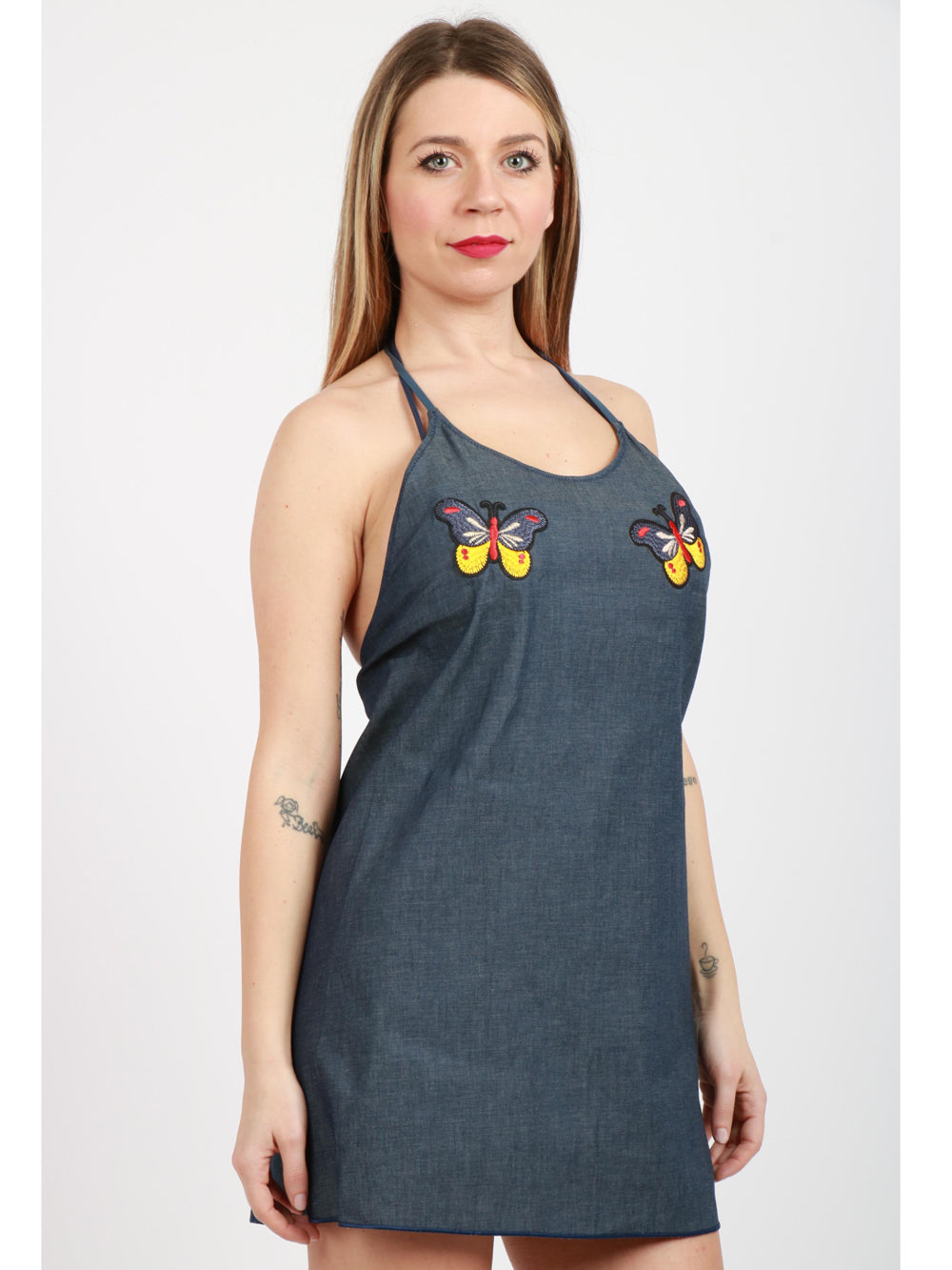 BG LOVE Vestito Corto Zenobia in Denim con Farfalle Denim