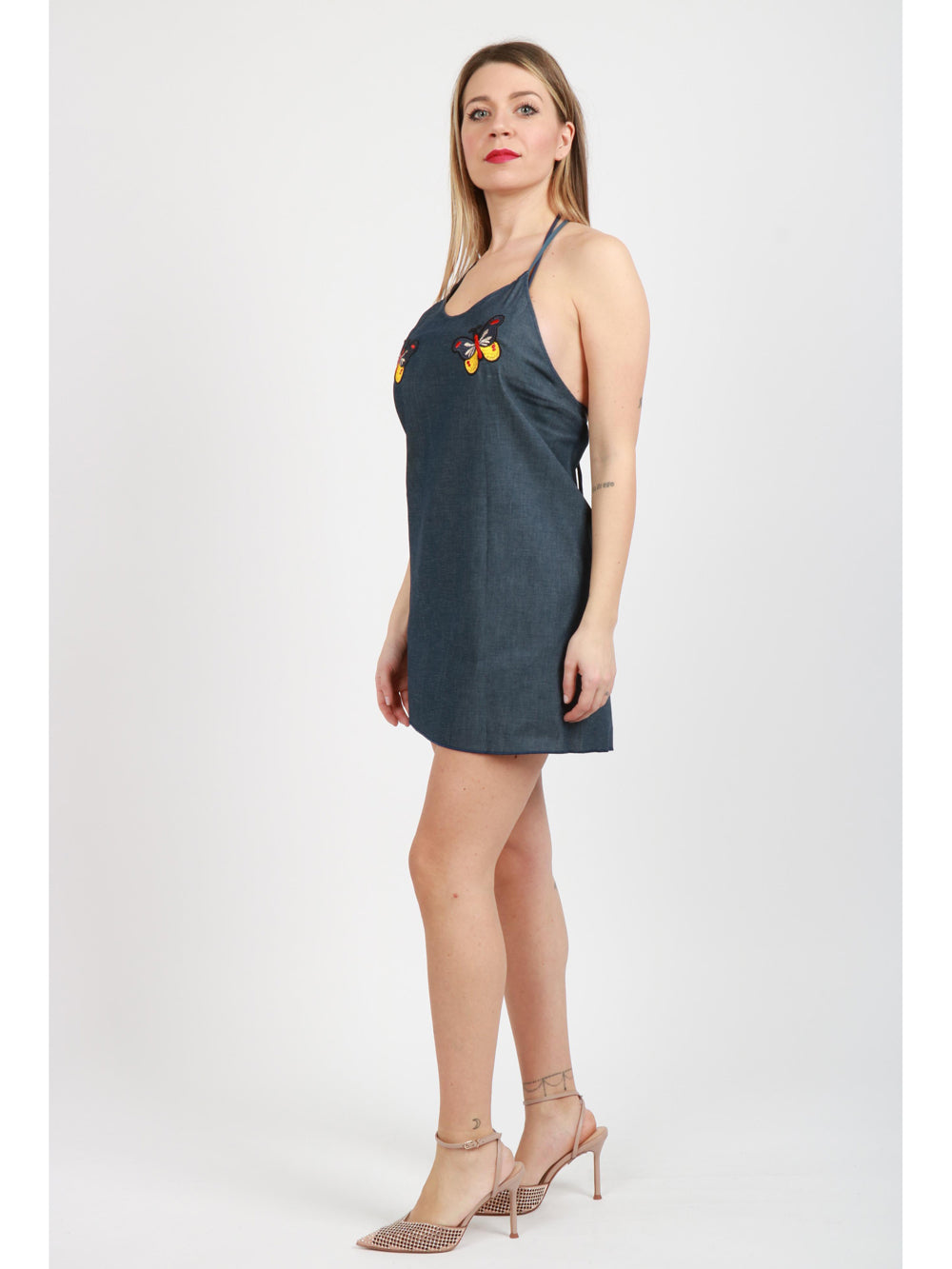 BG LOVE Vestito Corto Zenobia in Denim con Farfalle Denim