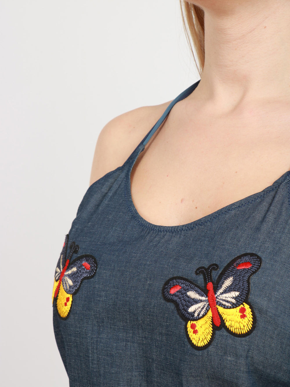 BG LOVE Vestito Corto Zenobia in Denim con Farfalle Denim