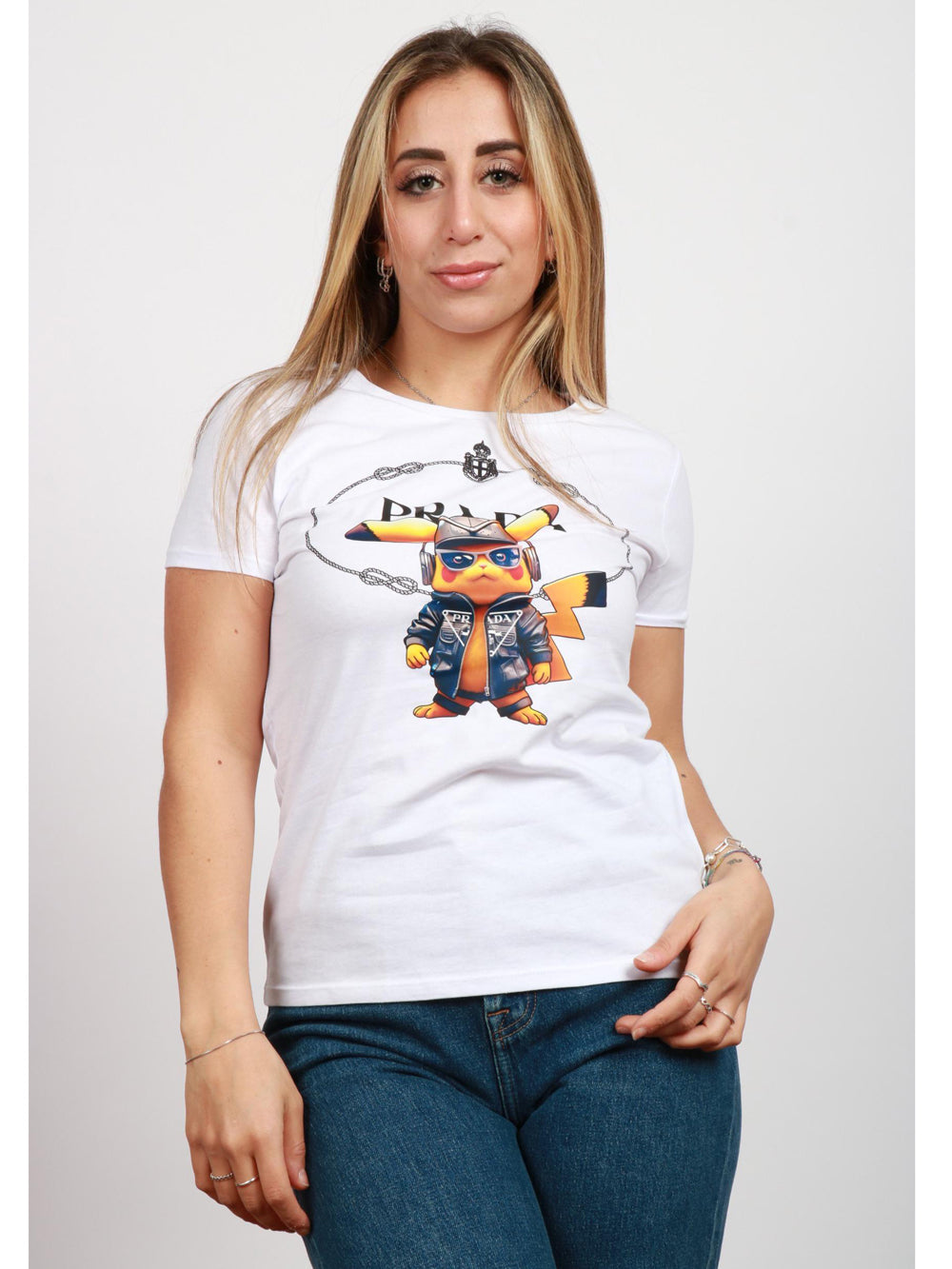 DBSOUL T-Shirt Rimini Bianca con Stampa Pikachu e Prada Bianco