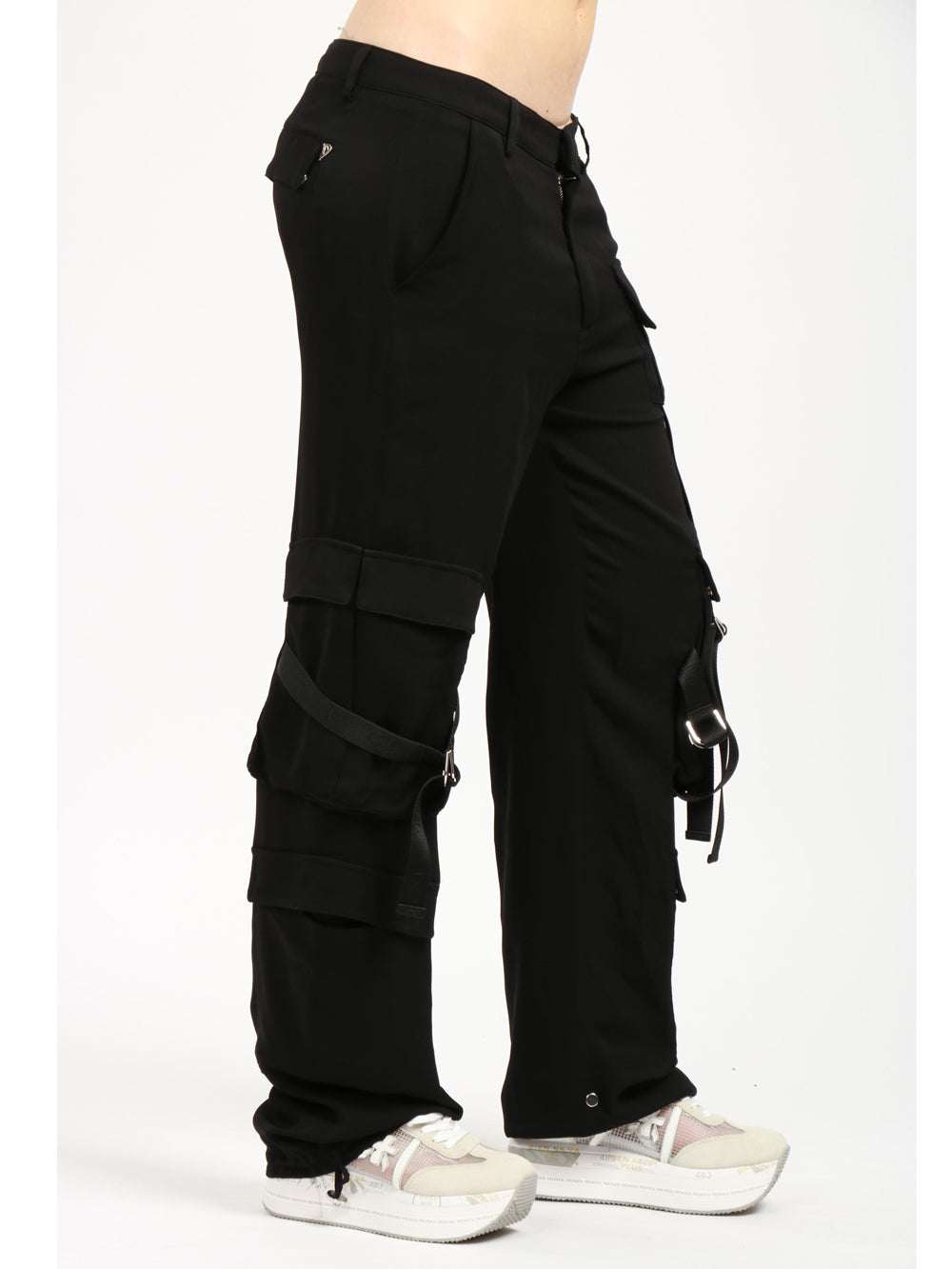 Pantaloni Luz Cargo in Georgette Neri con Lacci