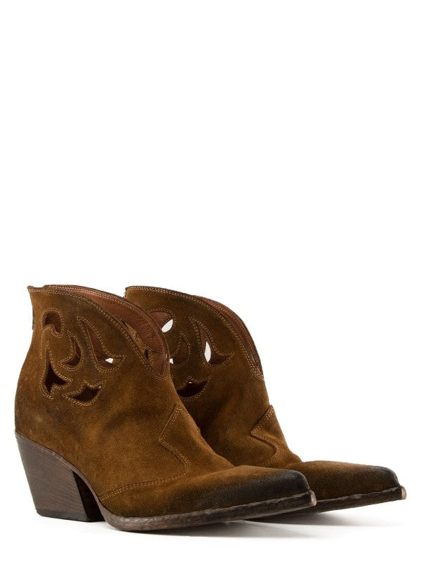 Stivali Texano Tronchetto in Suede Cuoio con Cut Out