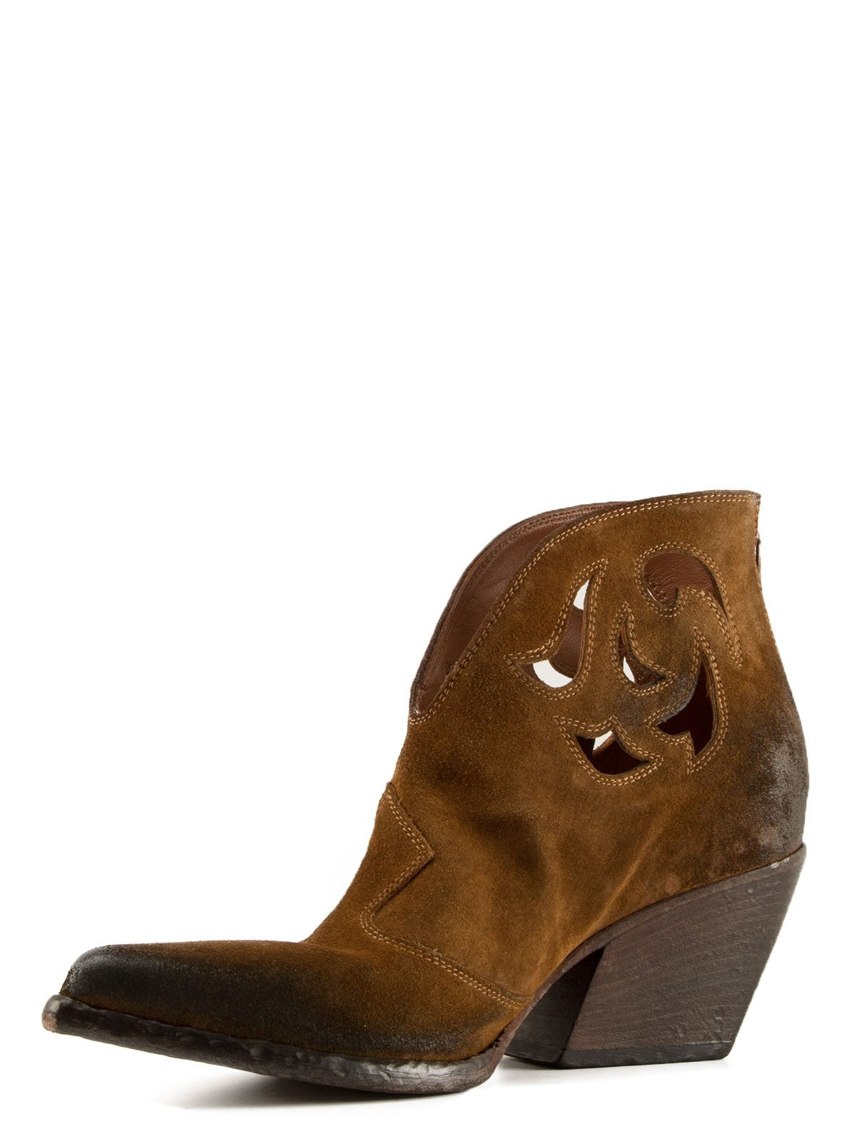 Stivali Texano Tronchetto in Suede Cuoio con Cut Out