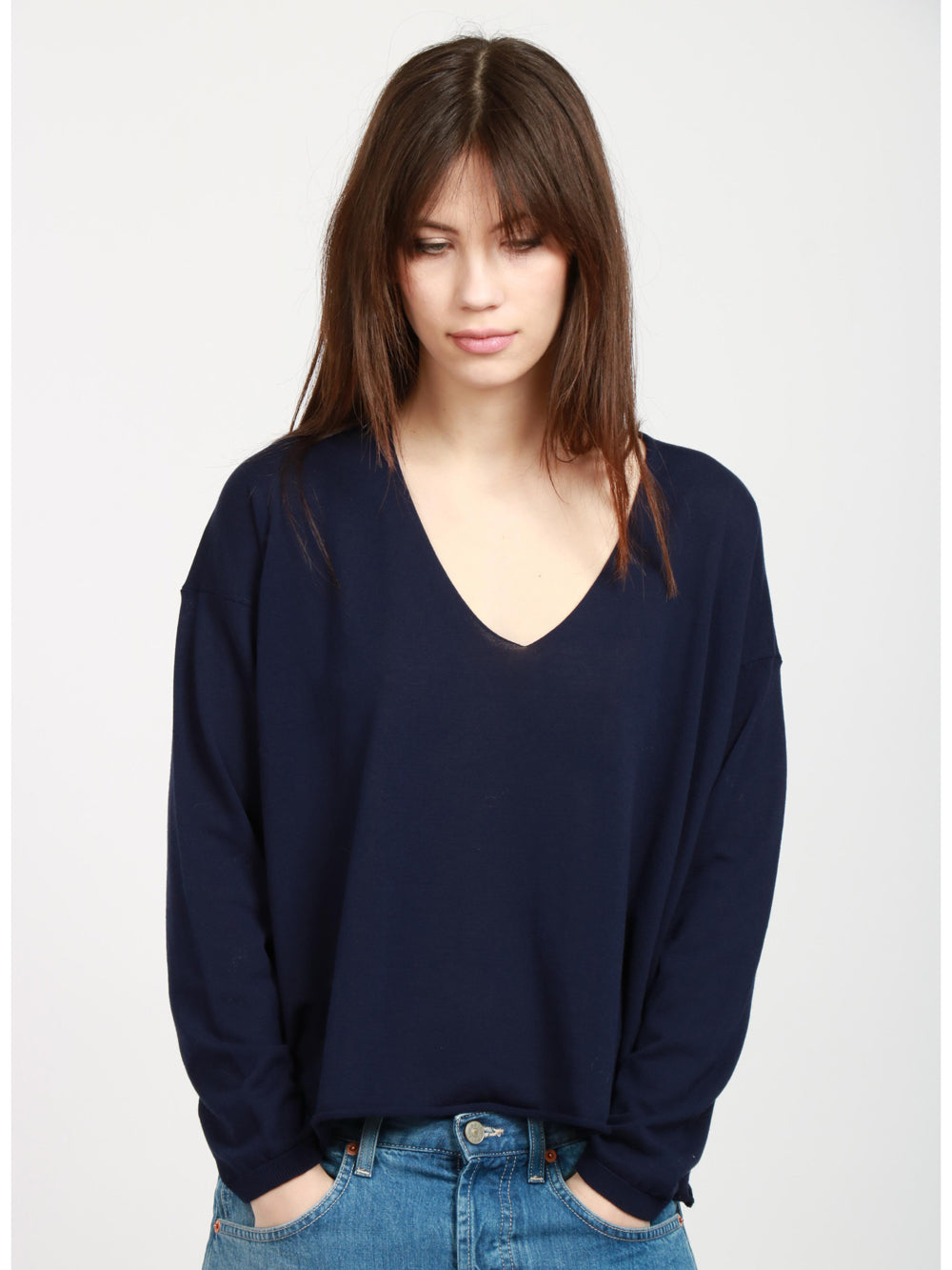 Maglia in Cotone Blu con Scollo a V