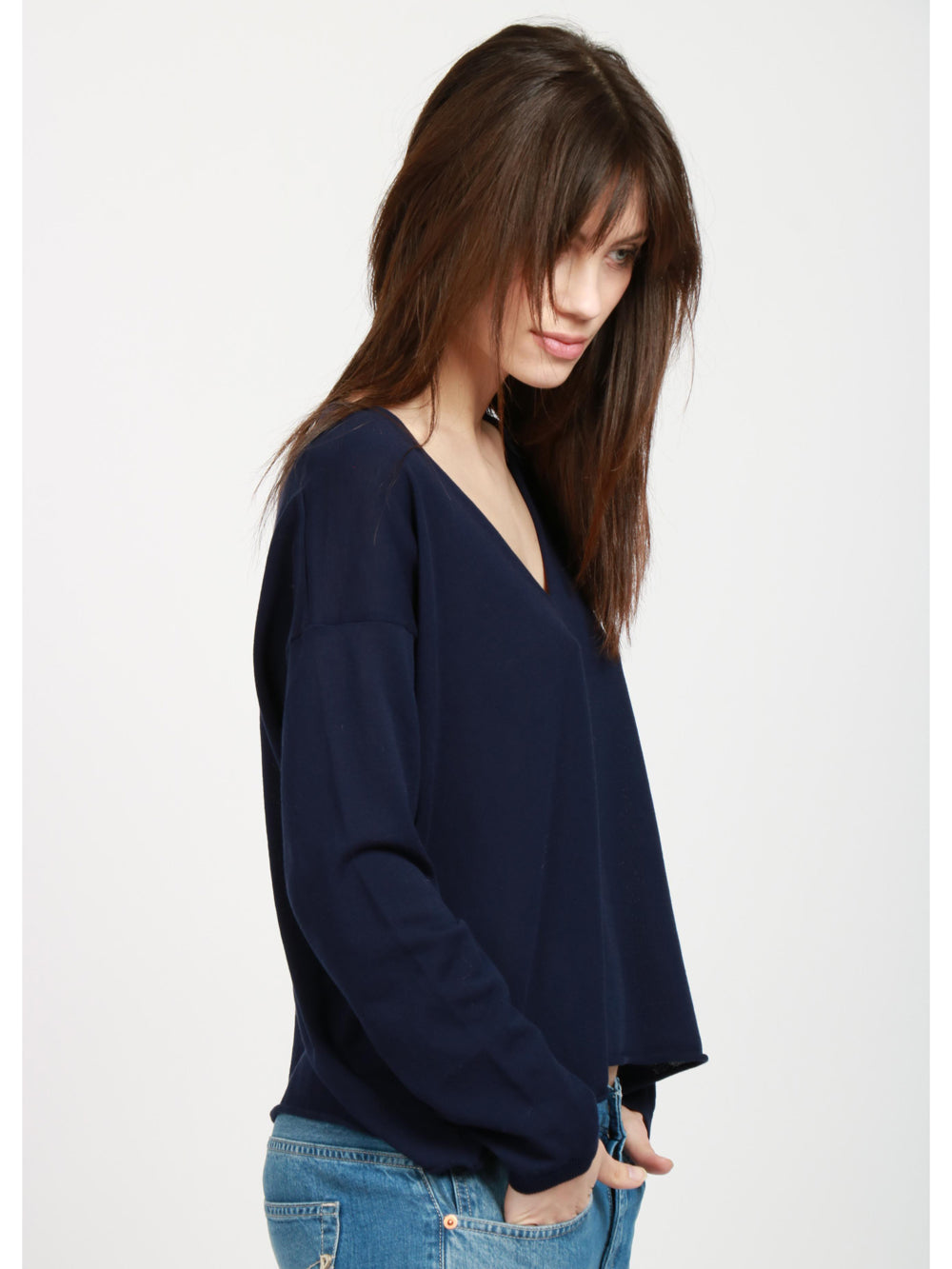 Maglia in Cotone Blu con Scollo a V
