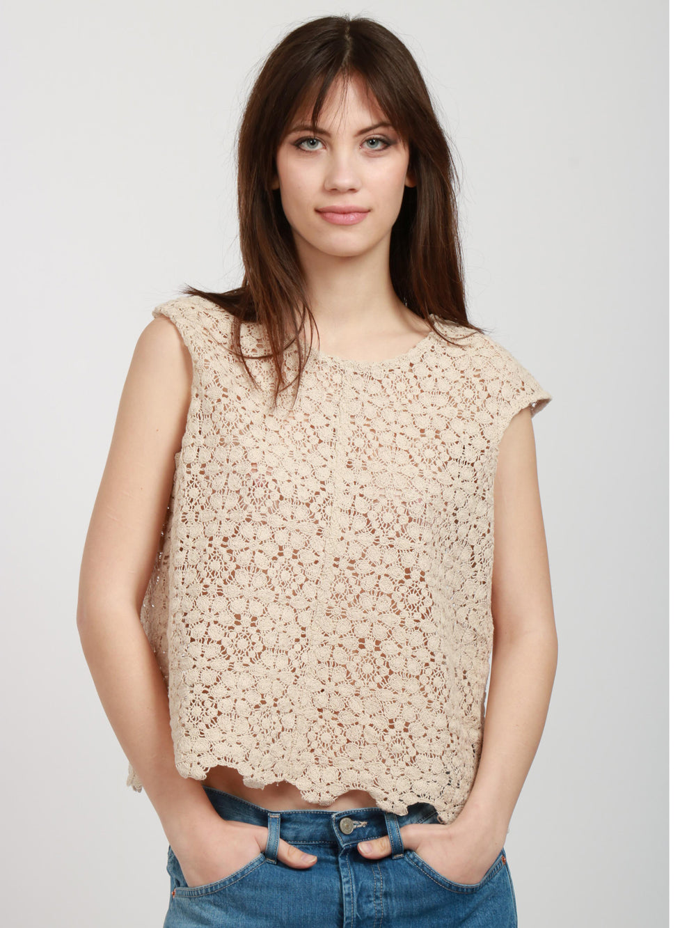 FLOOR T-Shirt Girocollo in Crochet di Cotone Corda Corda