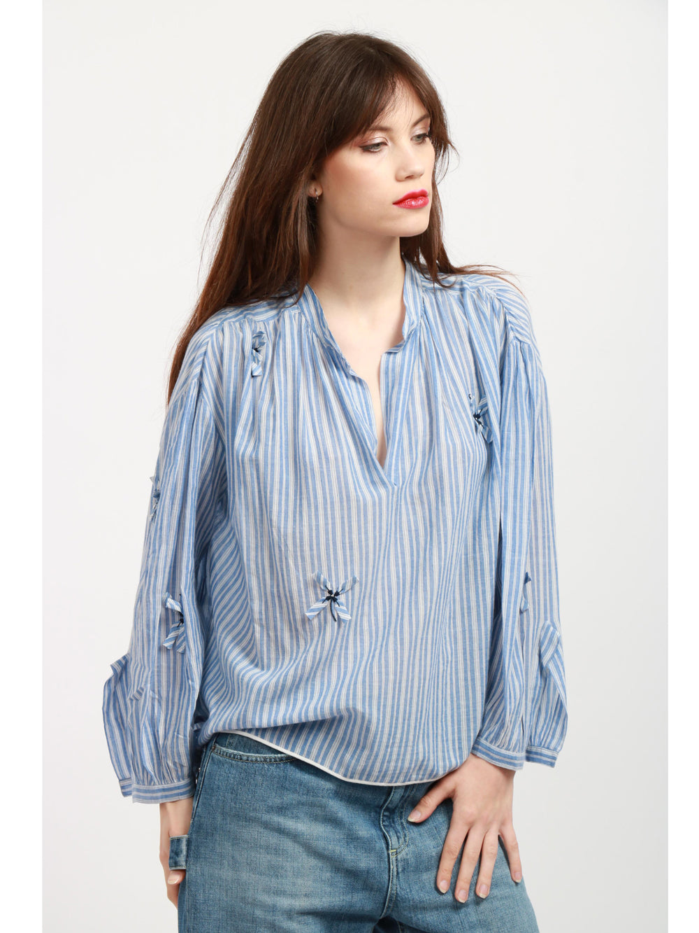 Blusa Julette in Cotone a Righe Blu e Bianca con Fiocchi