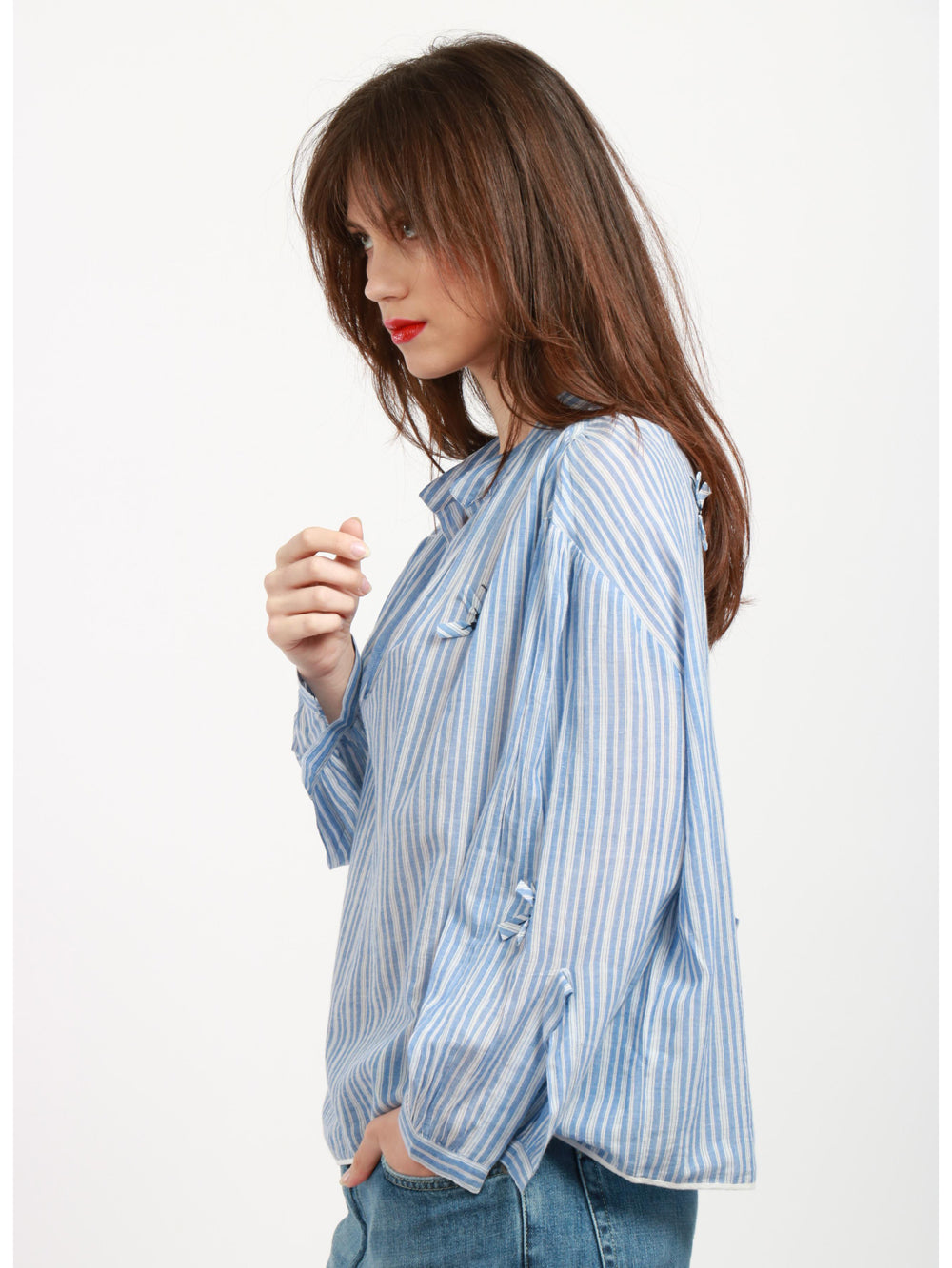 Blusa Julette in Cotone a Righe Blu e Bianca con Fiocchi