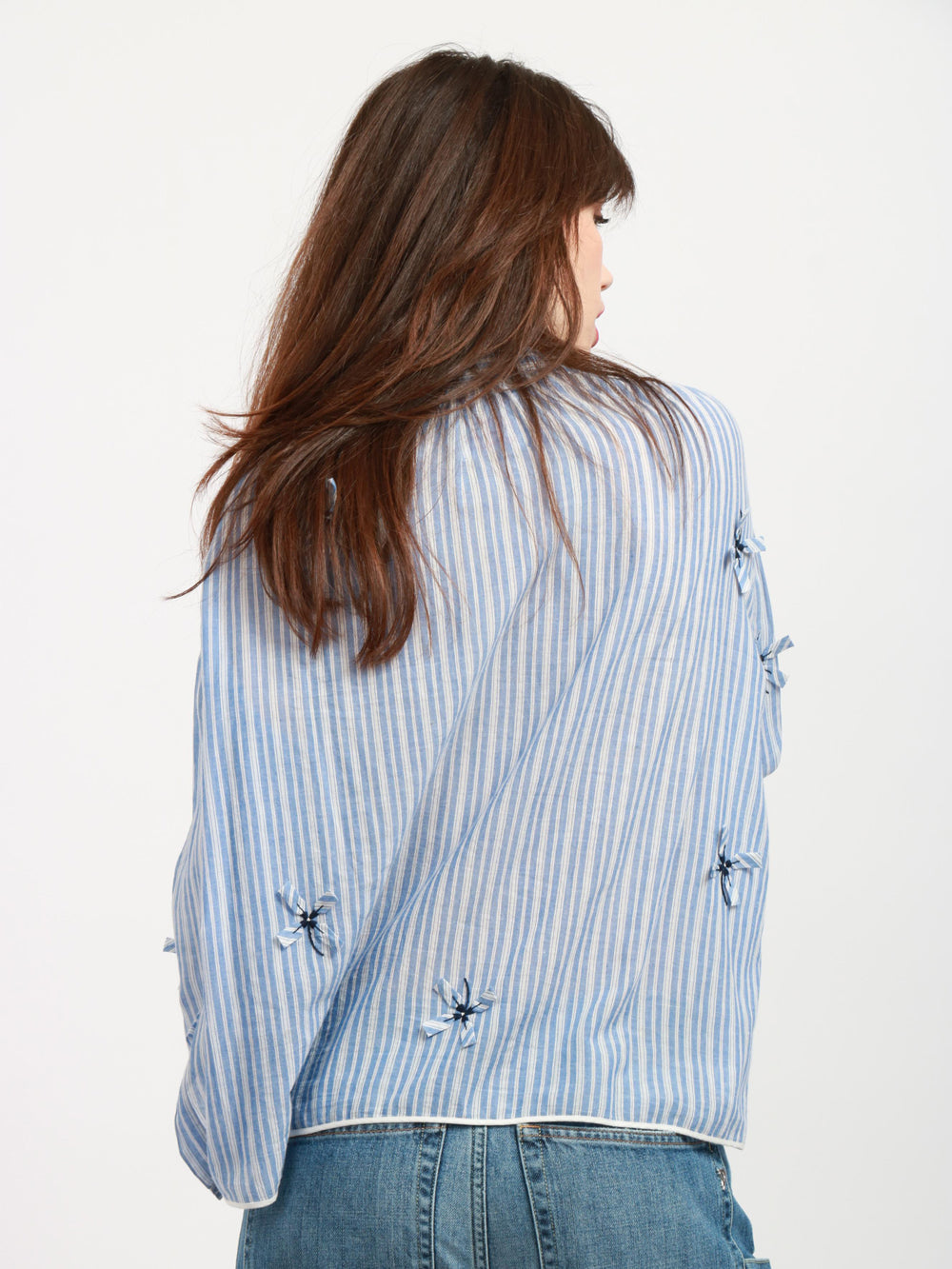 Blusa Julette in Cotone a Righe Blu e Bianca con Fiocchi