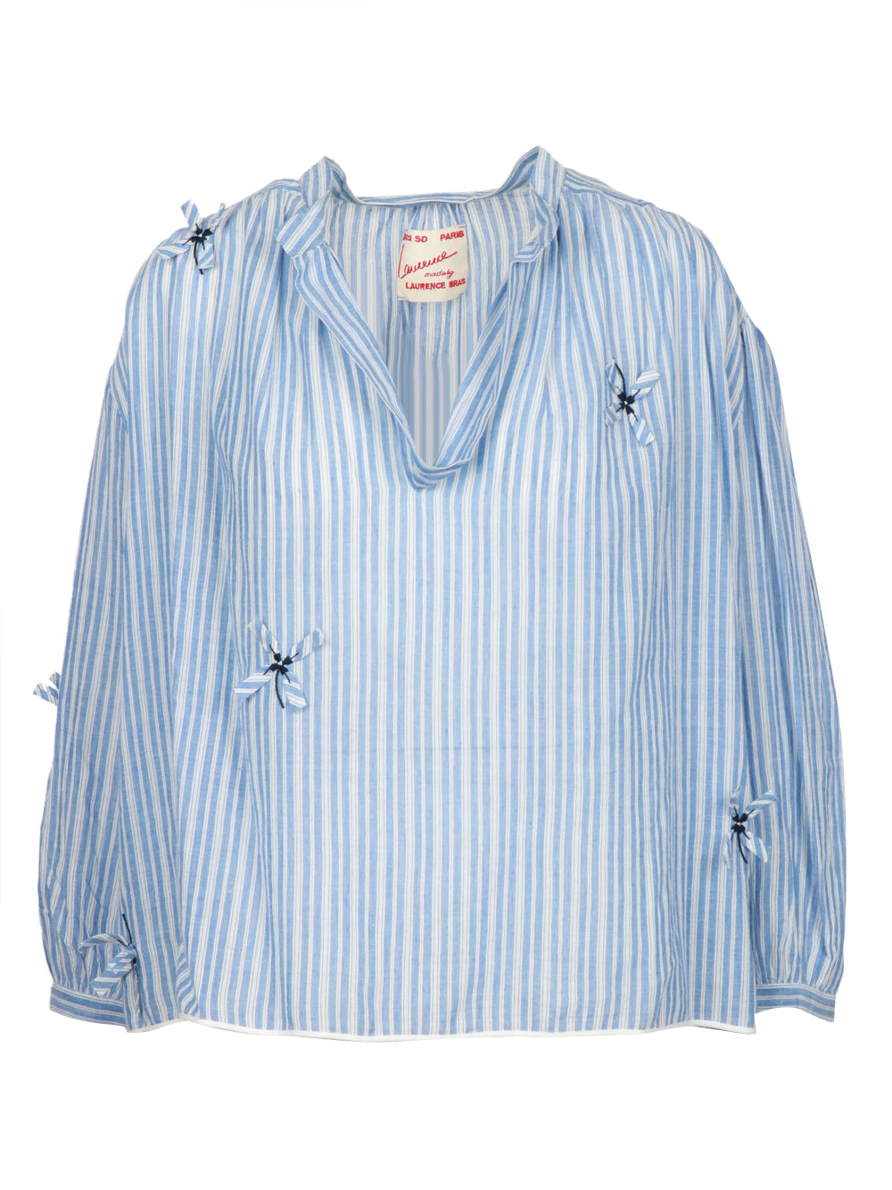 Blusa Julette in Cotone a Righe Blu e Bianca con Fiocchi