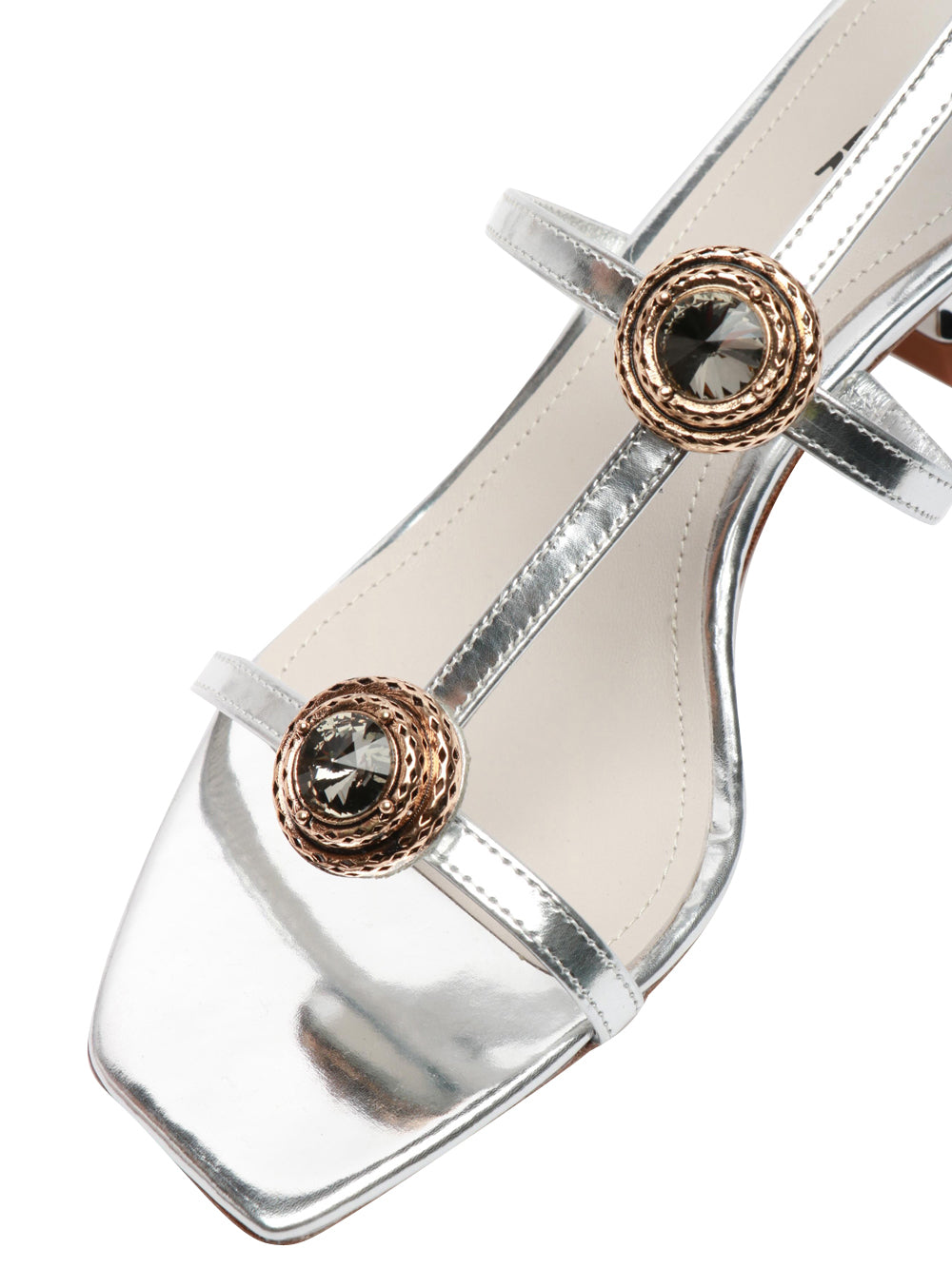 Lia Sandals in Silver Laminated Leather with Heel and Stones