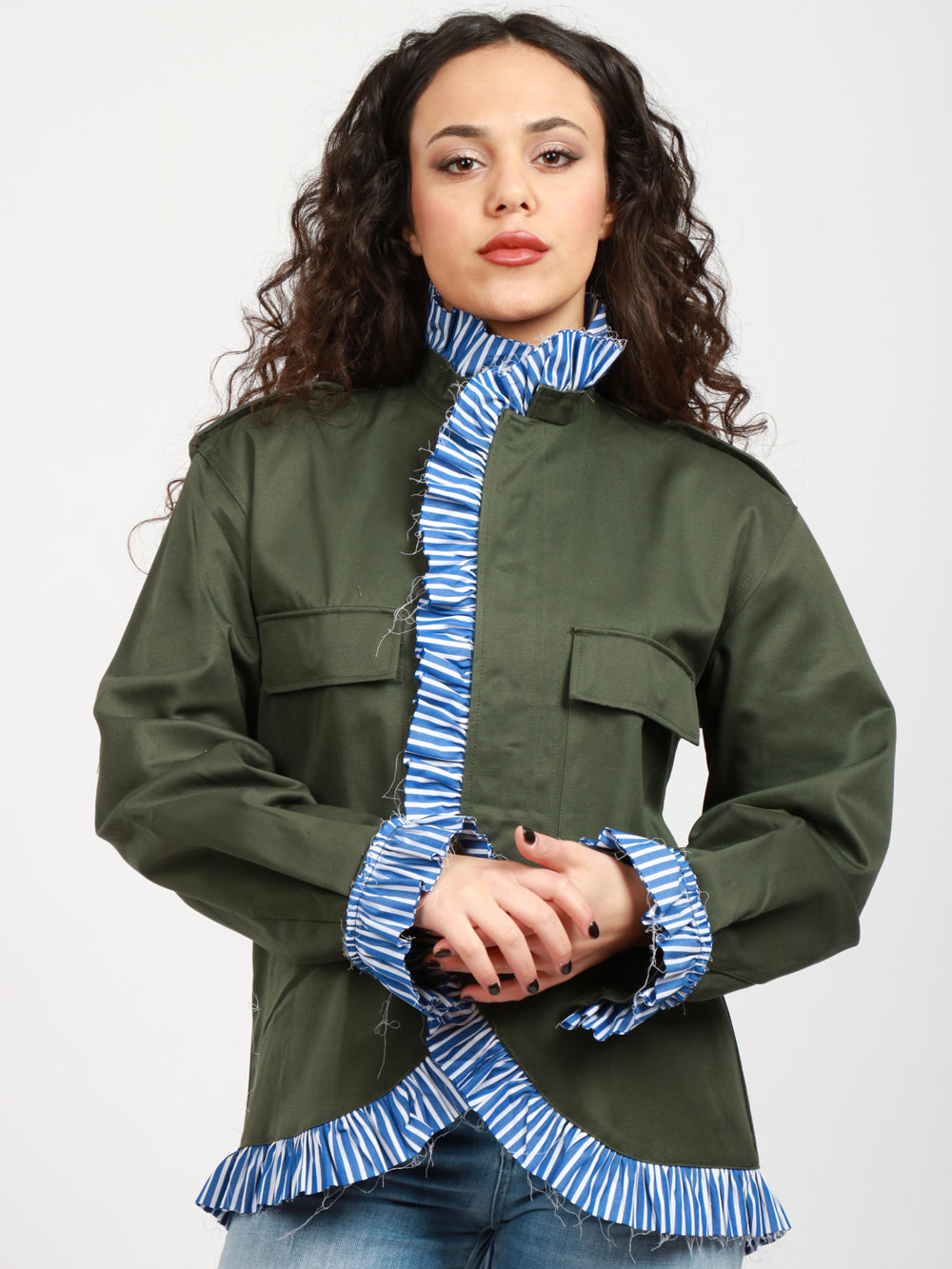 MERCI Giacca Annie Monopetto in Cotone Verde Militare con Ruches Militare/blu