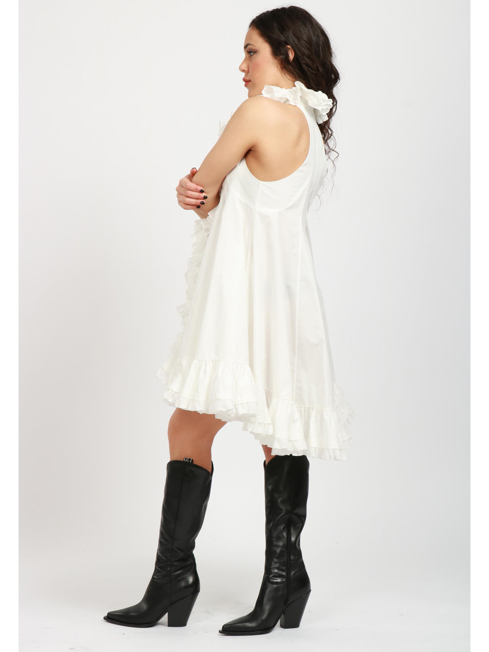 White Cotton Vest Dress with Ruffles and Ruffles
