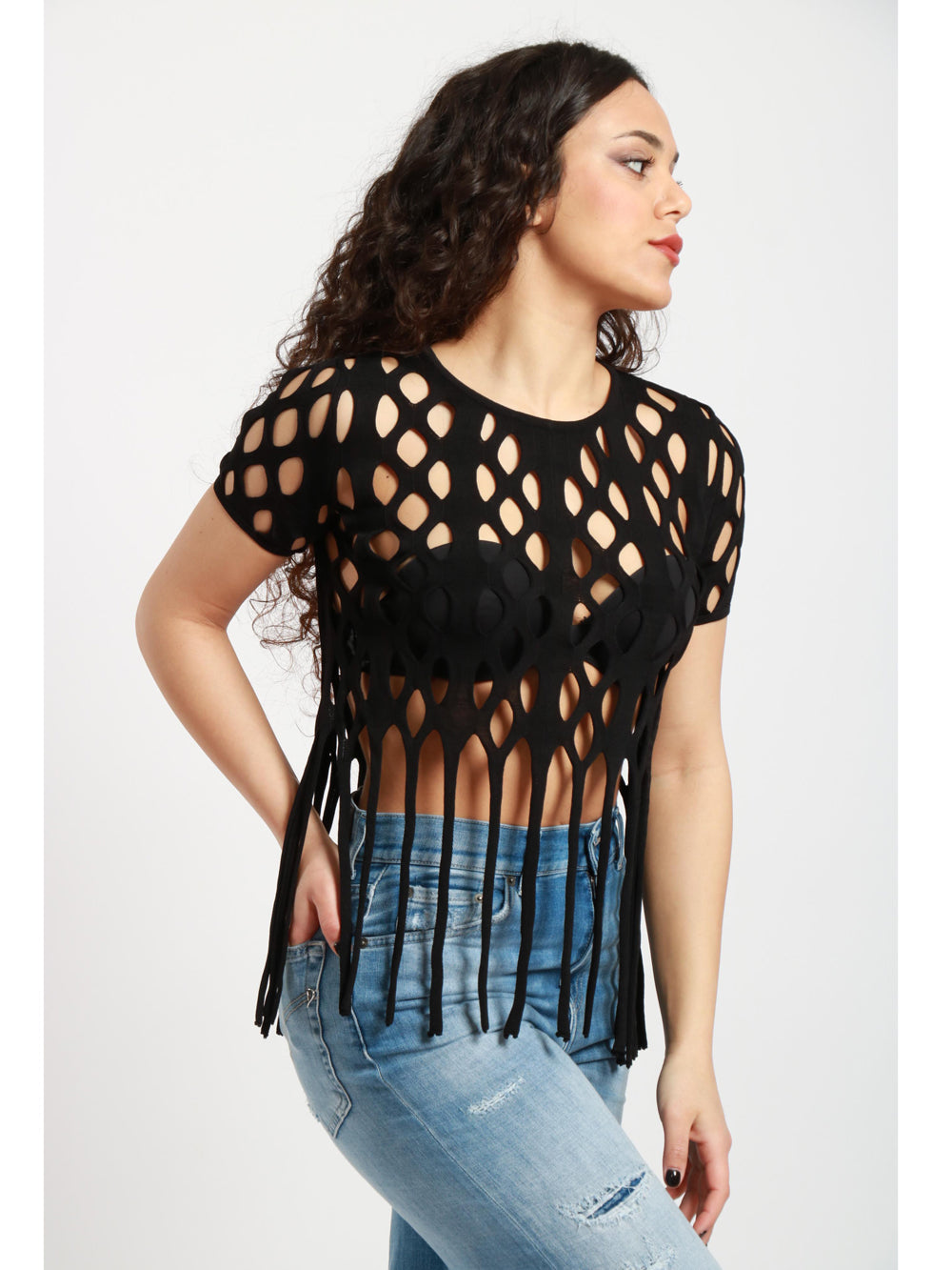 Hamlet Round Neck T-Shirt in Black Mesh with Fringes