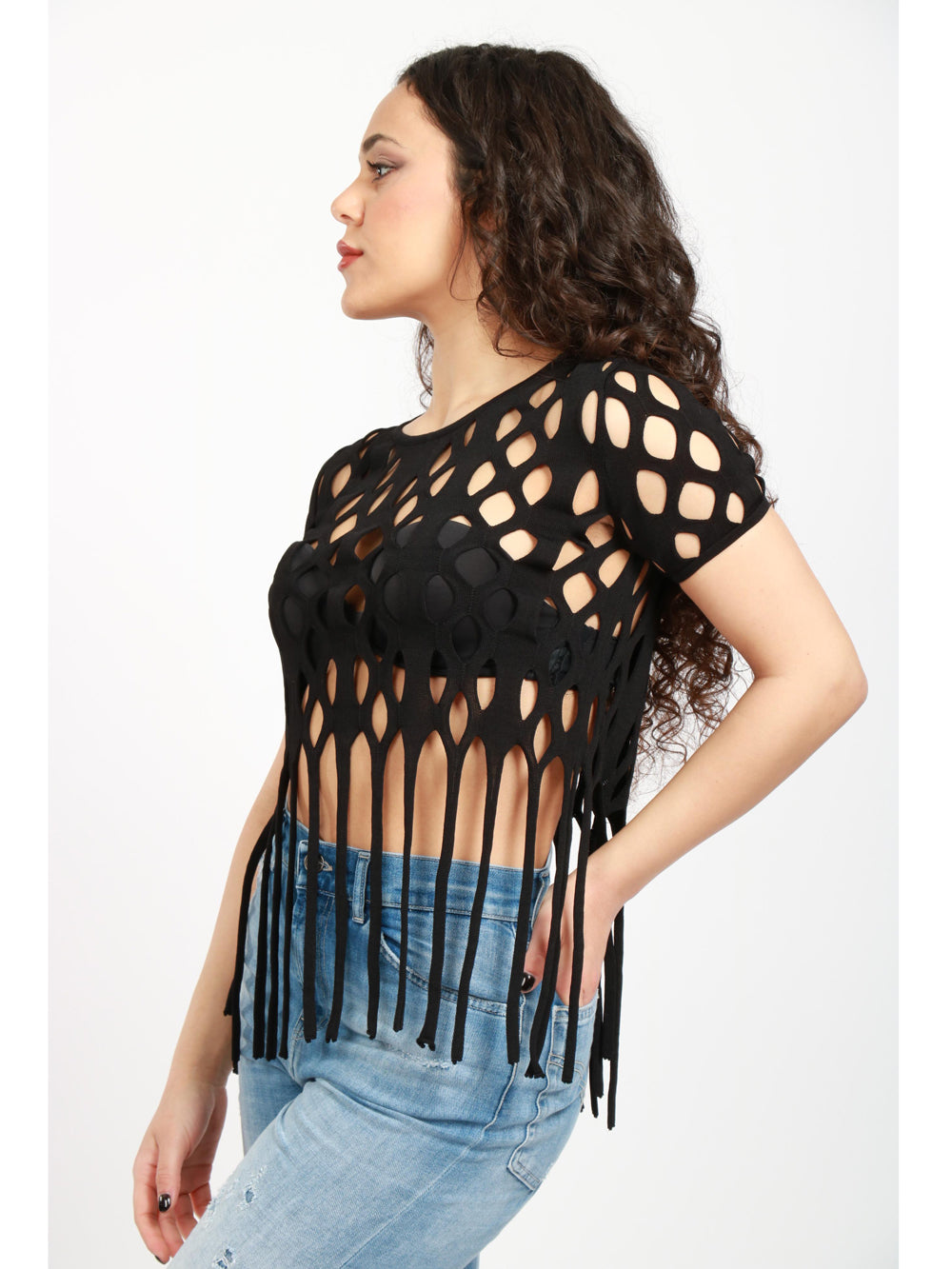Hamlet Round Neck T-Shirt in Black Mesh with Fringes