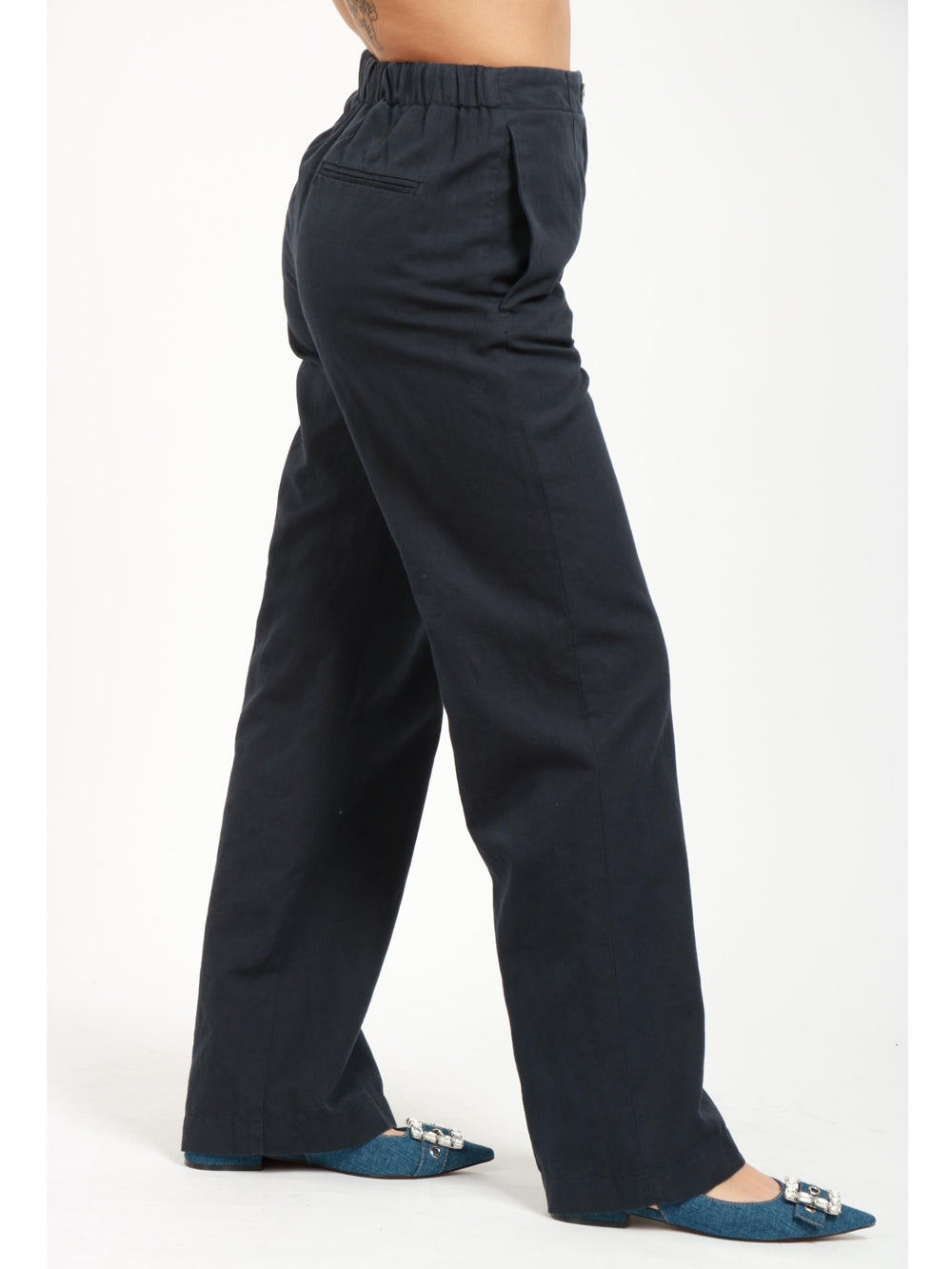 Pantaloni Palazzo in Misto Cotone e Lino Blu